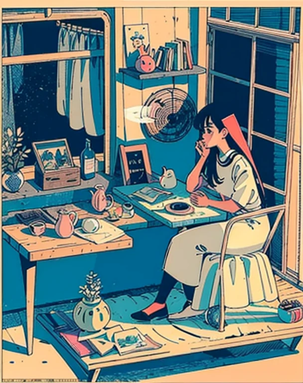 figure of a woman sitting on a chair and talking on the phone, lofi girl, figure style, lo-fi illustration style, lofi girlエステティック, Lofiatostyle, lo-fi art, Lofiato, anime aesthetics, Beautiful artwork illustration, beautiful illustrations, serene illustration, figure!, Written by Eizan Kikukawa, morning hour, dreamy illustration