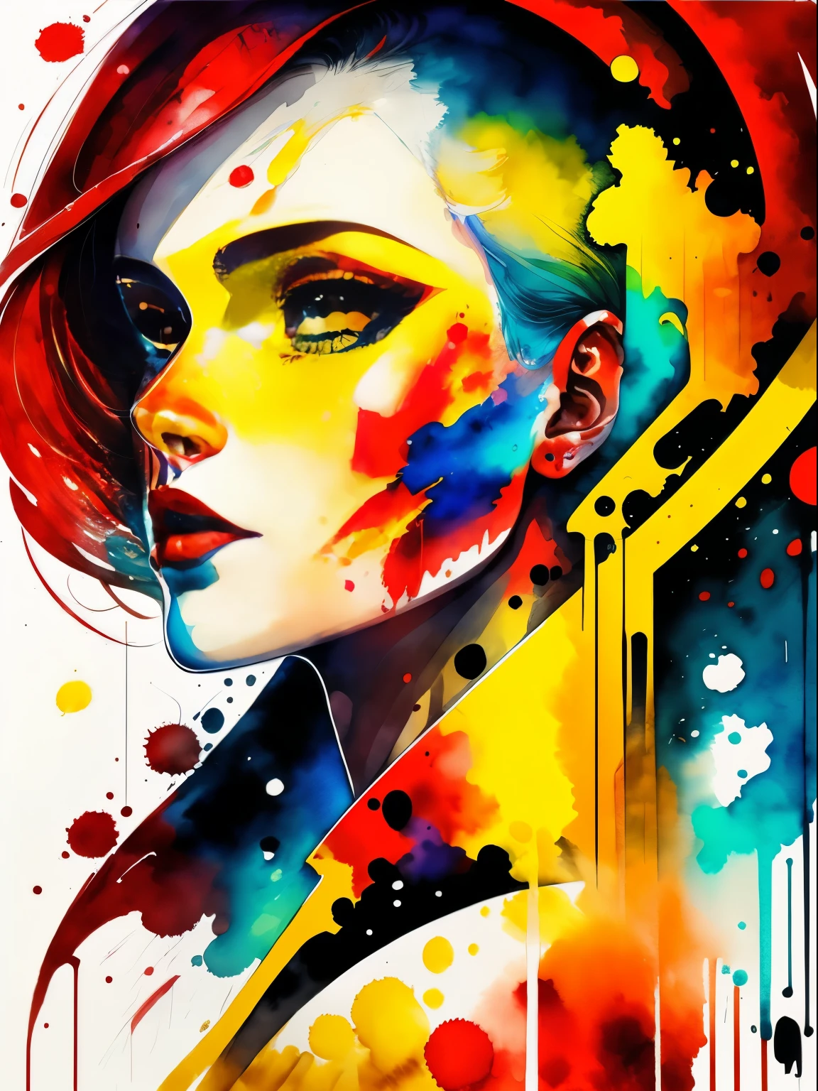 A painting of a woman with a red and yellow face, Sylvia Pelissero watercolors, tumbler, figurative art, Intense watercolor painting, watercolor detailed art, watercolor splash, surreal, Avant-garde pop art, Beautiful and expressive painting, Beautiful artwork illustration, very colorful tones, Fantastic, cool beauty, highest quality,official art, women only, sharp outline