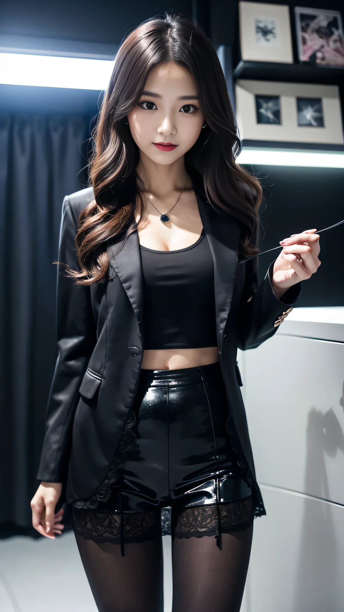 Super detailed、Japanese、charming beauty、Dainty woman、sharp eyes、cool girl、wavy hair、suit、Jacket、blouse、Tight Skirt、black pantyhose、evil female executive、evil depravity、brainwashing、Mind control、lacy fabric、Shiny legs、lipstick、lip gloss、grin、邪evilなな表情、evil、empty eyes、邪evilな、reach out your hand、in the darkroom、lure、meanwhile