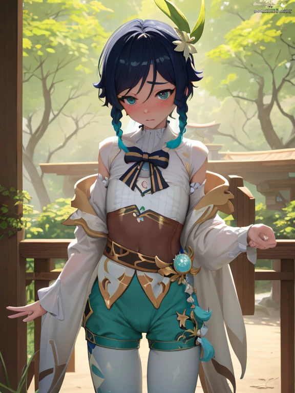 Venti, genshin impact, exposing self, ite, shy, masturbating, penis, cute, green shorts, white leggings, blue braidest quality,4k,8k,highres,masterpiece:1.2),ultra-detailed,portraits