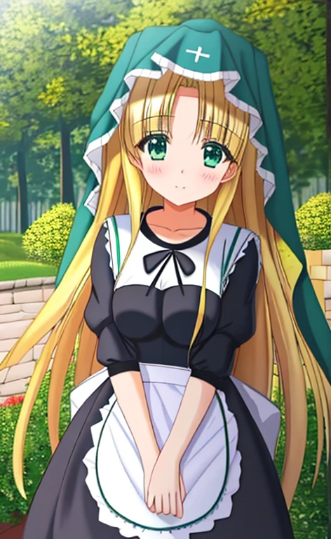 Asia　Beautiful long blonde hair　green eyes　Maid clothes　Gym suit　bloomers　shyness