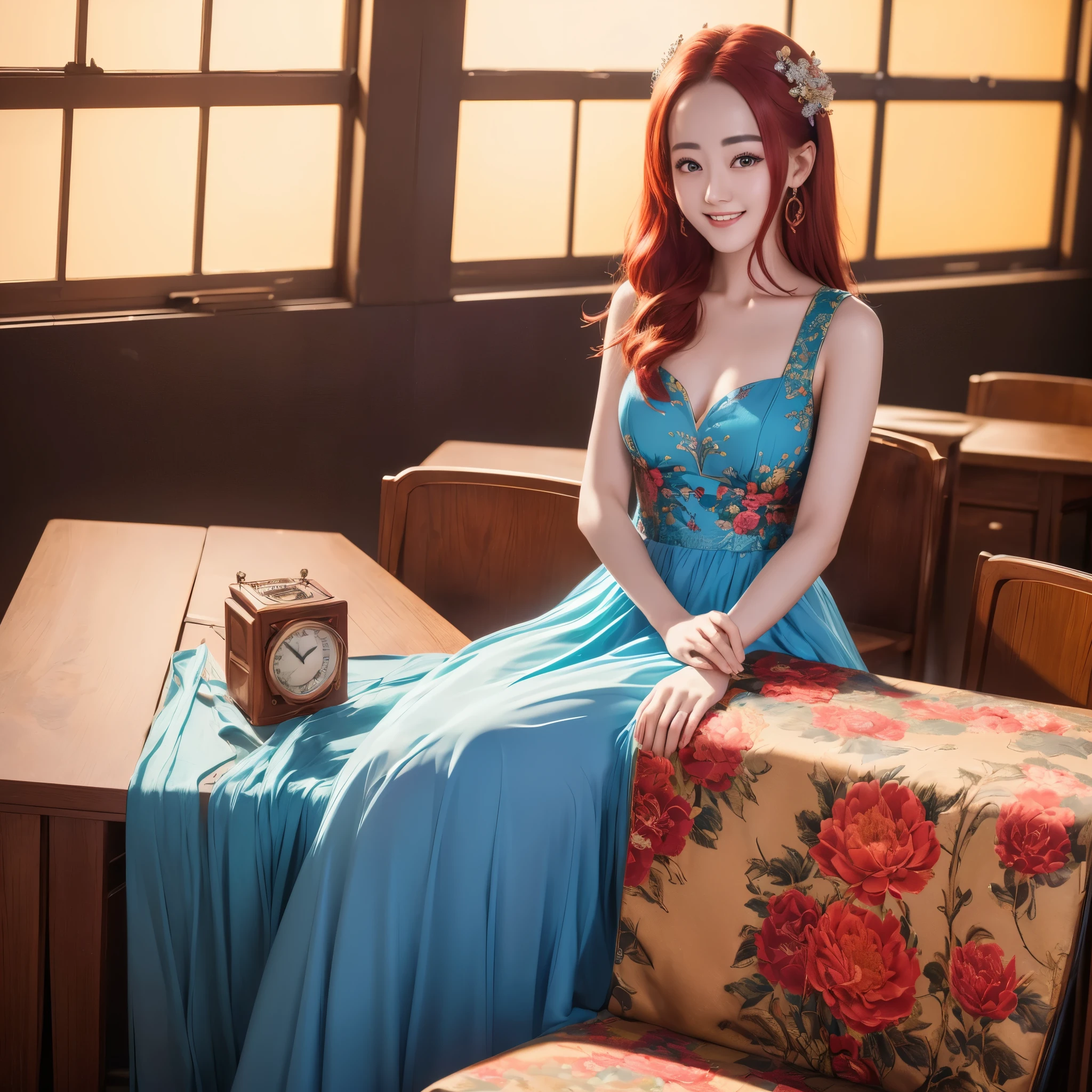 (best quality,4k,8k,highres,masterpiece:1.2),ultra-detailed, red haired Chinese college student, Dilraba Dilmurat, flowery blue sundress, smiling, in a classroom, HDR, 8k, absurdres, cinestill 800, sharp focus