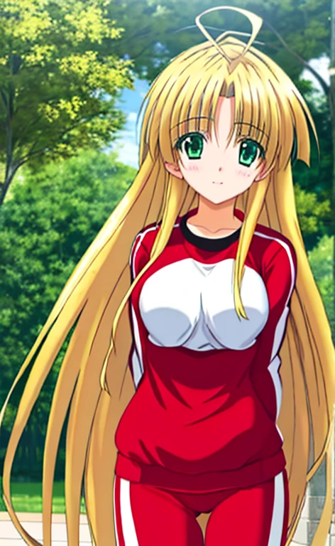 Asia　Beautiful long blonde hair　green eyes　Gym suit　bloomers　shyness