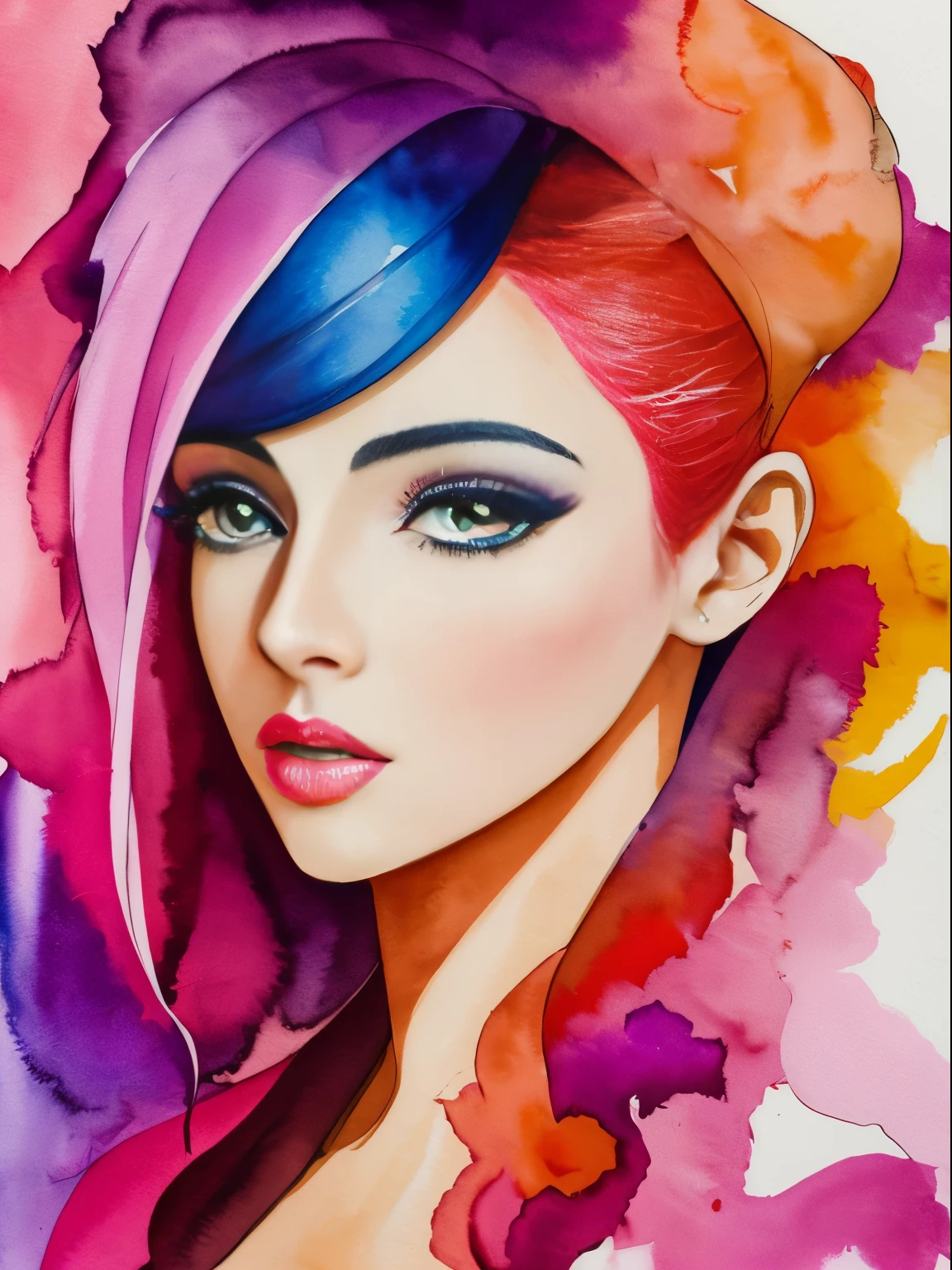 A painting of a woman with a magenta and orange face, Sylvia Pelissero watercolors, tumbler, figurative art, Intense watercolor painting, watercolor detailed art, watercolor splash, surreal, Avant-garde pop art, Beautiful and expressive painting, Beautiful artwork illustration, very colorful tones, Fantastic, cool beauty, highest quality,official art, women only, sharp outline, best shot