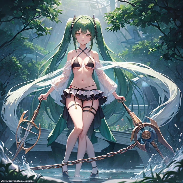 (Very good image quality), 1 girl Emerald green hair, long twin tails hair, back braid, low braid, bangs covering one eye, white veil, beret, silver tiara, yellow eyes, black blindfold, (chain) (bracelet with chain), (leg rings with chains)(chain connected to the wall), fully extended arms, fully extended legs, magical girl, off-shoulder, Kimono over bikini,pleated skirt, spreading skirt, bikini that can be worn inside, lace fabric bikini, black bikini, garter belt, Thigh-high socks, exhaustion, blushing, sweatyumekawa,yumekawaii,pastel color,(wonderland garden:1.3),rainbow waterfall,dripping ink,imagination,(Castle:1.4),