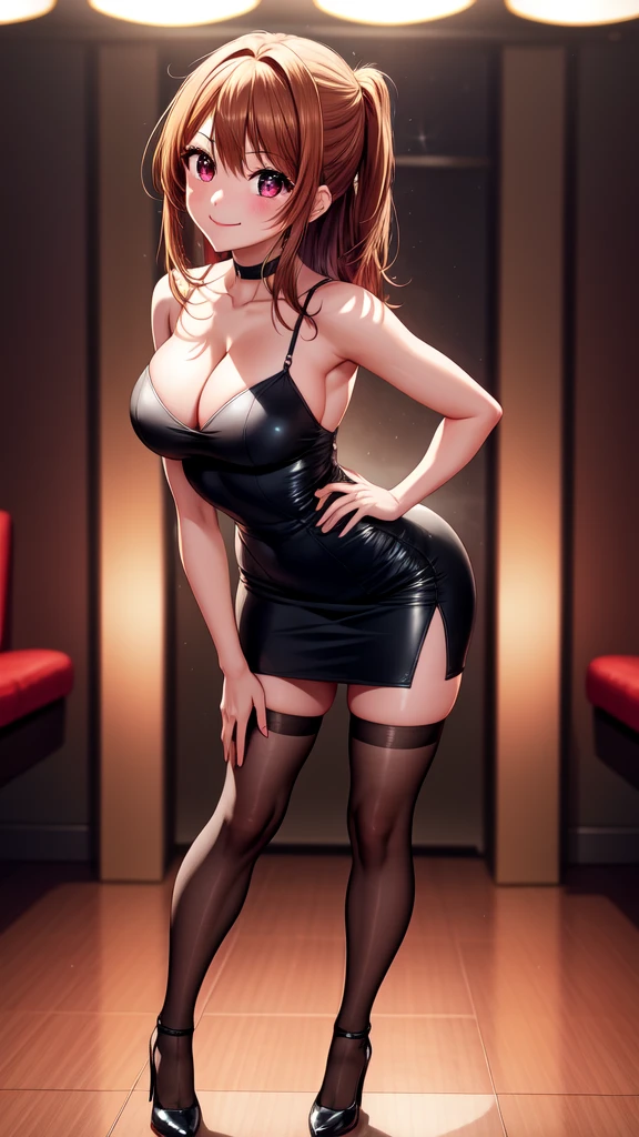 anime, beautiful face, highly detailed face, 2 accurate legs detailed eyes, highly detailed background, perfect lighting, accurate arms, accurate hands, accurate fingers, full body, 1girl, solo, ruby hoshino, oshi no ko, indoors, detailed heels, black heels, detailed thighhighs, absurdres, high res, ultrasharp, 8K, masterpiece, looking over her shoulders, looking at viewer, teasing smile, elegant pose, clubbing, in a nightclub, nightclub outfit, beautiful pencil dress, pencil skirt, view from behind, far from viewer, open back, leaning forward