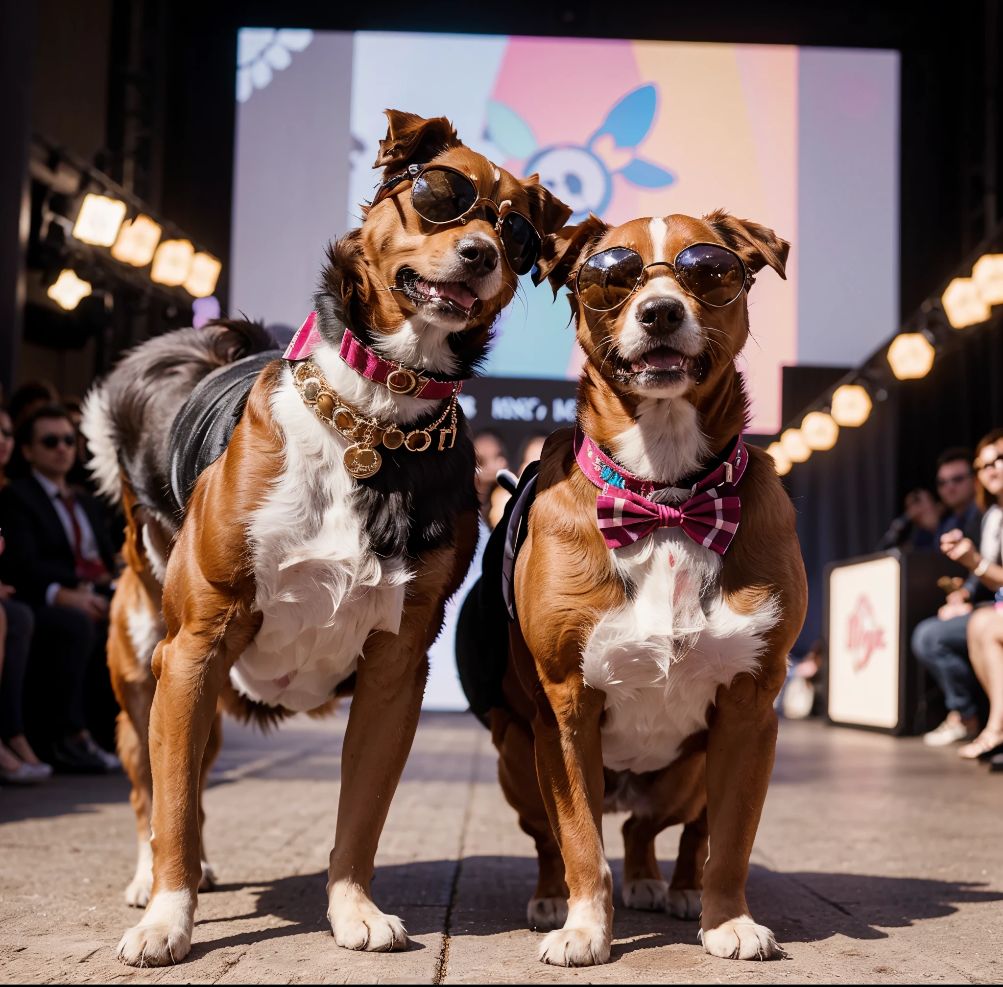 Envision a glamorous doggie fashion show with the most adorable pups showcasing the latest canine couture. Picture them wearing tiny sunglasses, bowties, and even miniature paw-print scarves, strutting down the runway with a confident and utterly cute attitude.