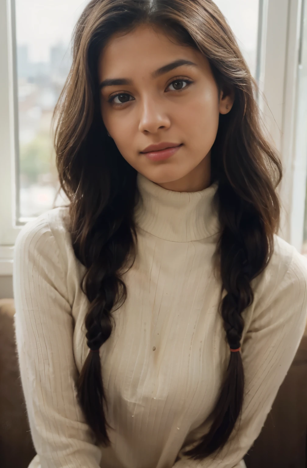 Beautiful ,23 years young Indian girl healthy, confidential looking,8k,realistic, raw photo,dark brown hair,fair skin, indian,long hair,clear facial features,, very detailed, 23years old, innocent face, natural wavy hair, high resolution, masterpiece, best quality, intricate details, highly detailed, sharp focus, detailed skin, realistic skin texture, texture, detailed eyes, professional, 4k, charming smile, shot on Canon, 85mm, shallow depth of field, kodak vision color, perfect fit body, extremely detailed, foto_\(ultra\), photorealistic, realistic, post-processing, maximum detail, roughness, real life, ultra realistic, photorealism, photography, 8k uhd, photography wearing Maroon turtleneck top, braid|Pensive look| Window seat view