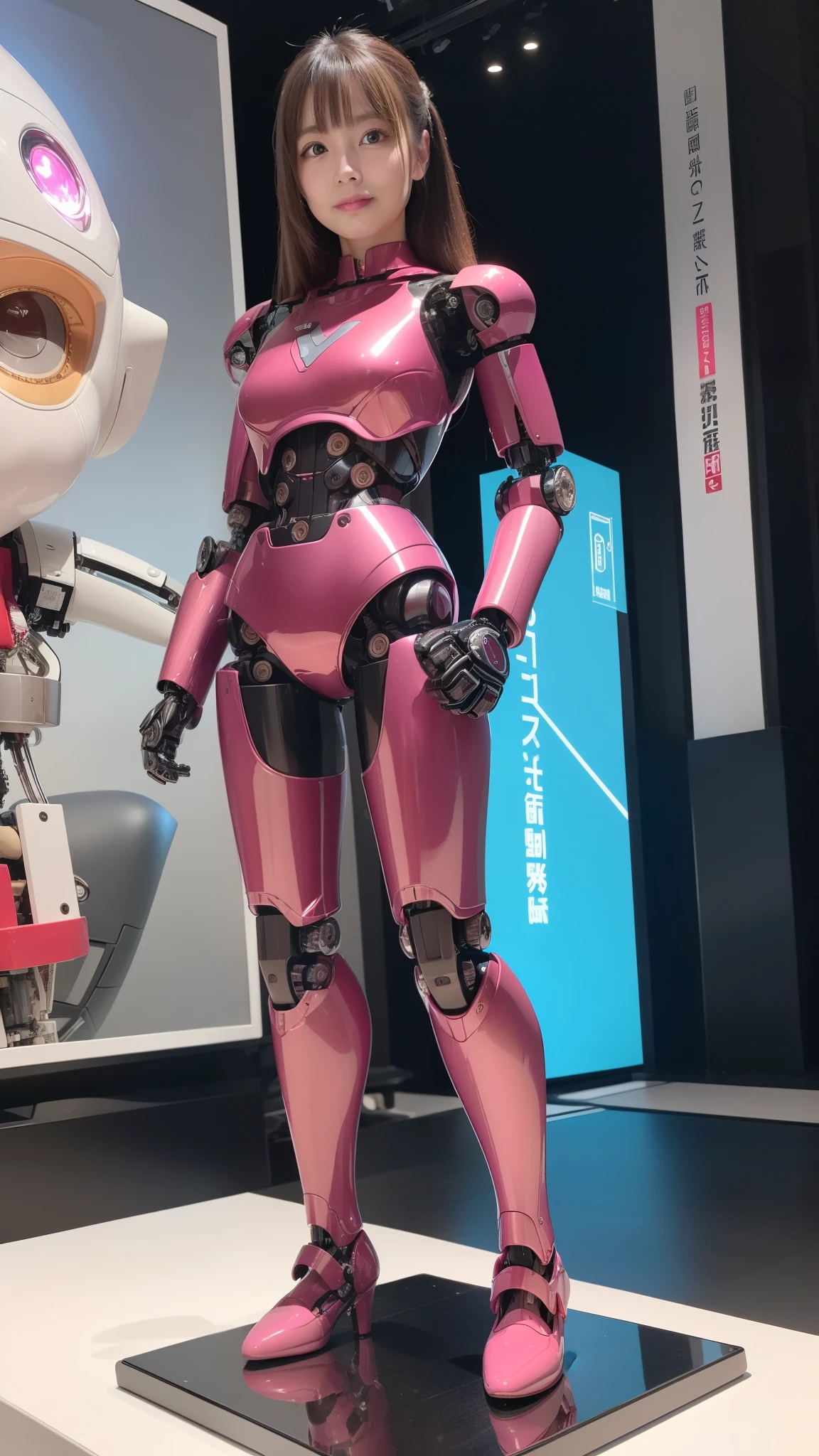 (Photorealsitic:1.4)、one robot woman、(top-quality)、(hyperdetailed face)、(Super well-formed face)、(Robot Parts)、(Female-Robot)、(25 years-old)、(Blue)、(pink there)、(Burgundy)、(metallic)、(full-body)、(sexy pose)、(Slender body)、(Model body type)、(full body mech)、(mechanical exposure)、(Akihabara)、(is looking at the camera)、(A dark-haired)、(Well-proportioned lady)、(a small face)、(a small head)、(well-groomed fingers)、(Idol)、(front facing)、(Standing with legs open)、(Photo session)、(Looks sad)、(perfect-female-robot)、(perfect-mechanical-body)