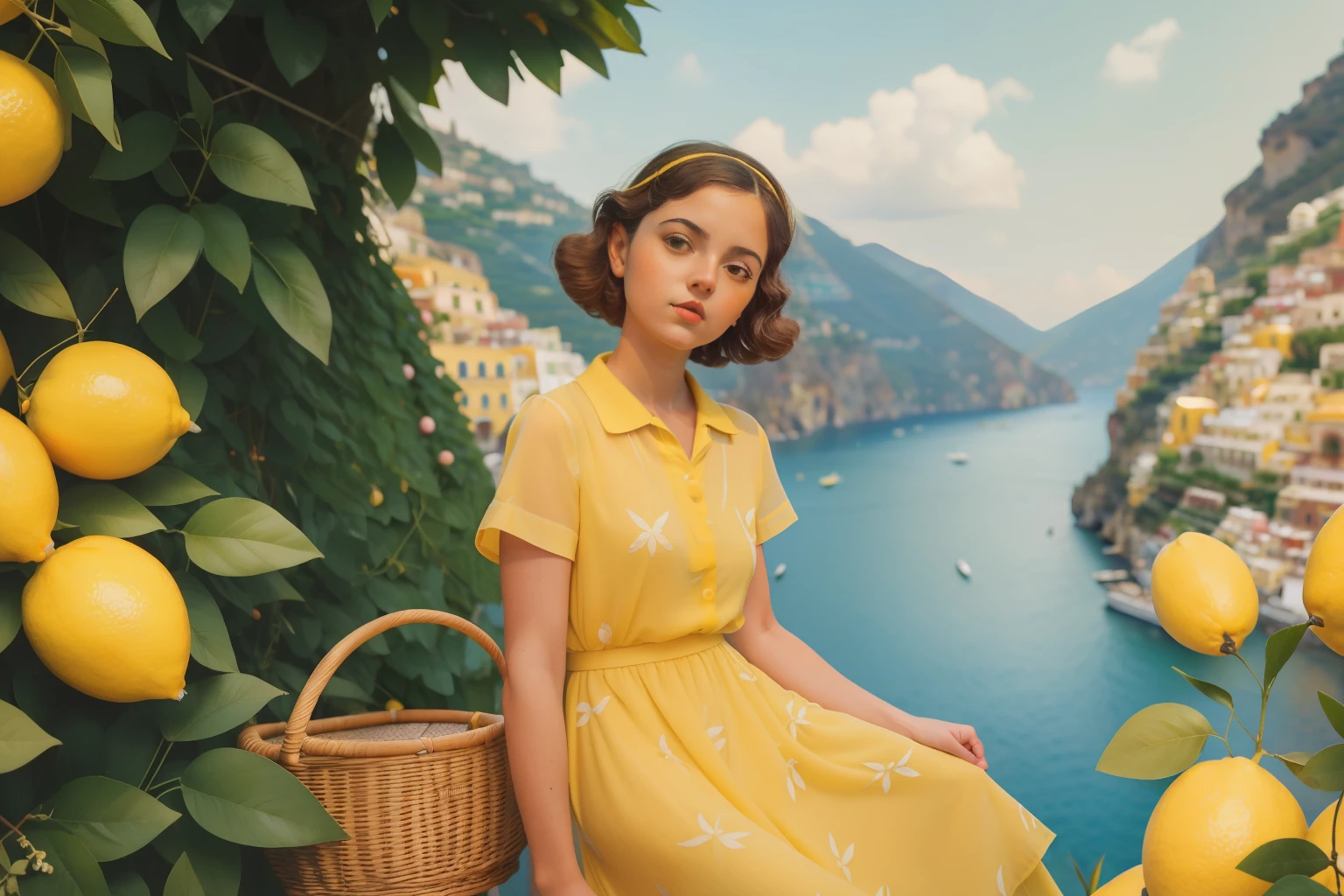1930s Italian Amalfi Coast Lemon Grove (Location: Positano):
Character: A teenage girl with a lemon-patterned dress, picking lemons in a sun-drenched Amalfi Coast grove in Positano. Illuminate the citrusy scene with Wes Anderson's vibrant and Mediterranean color tones.