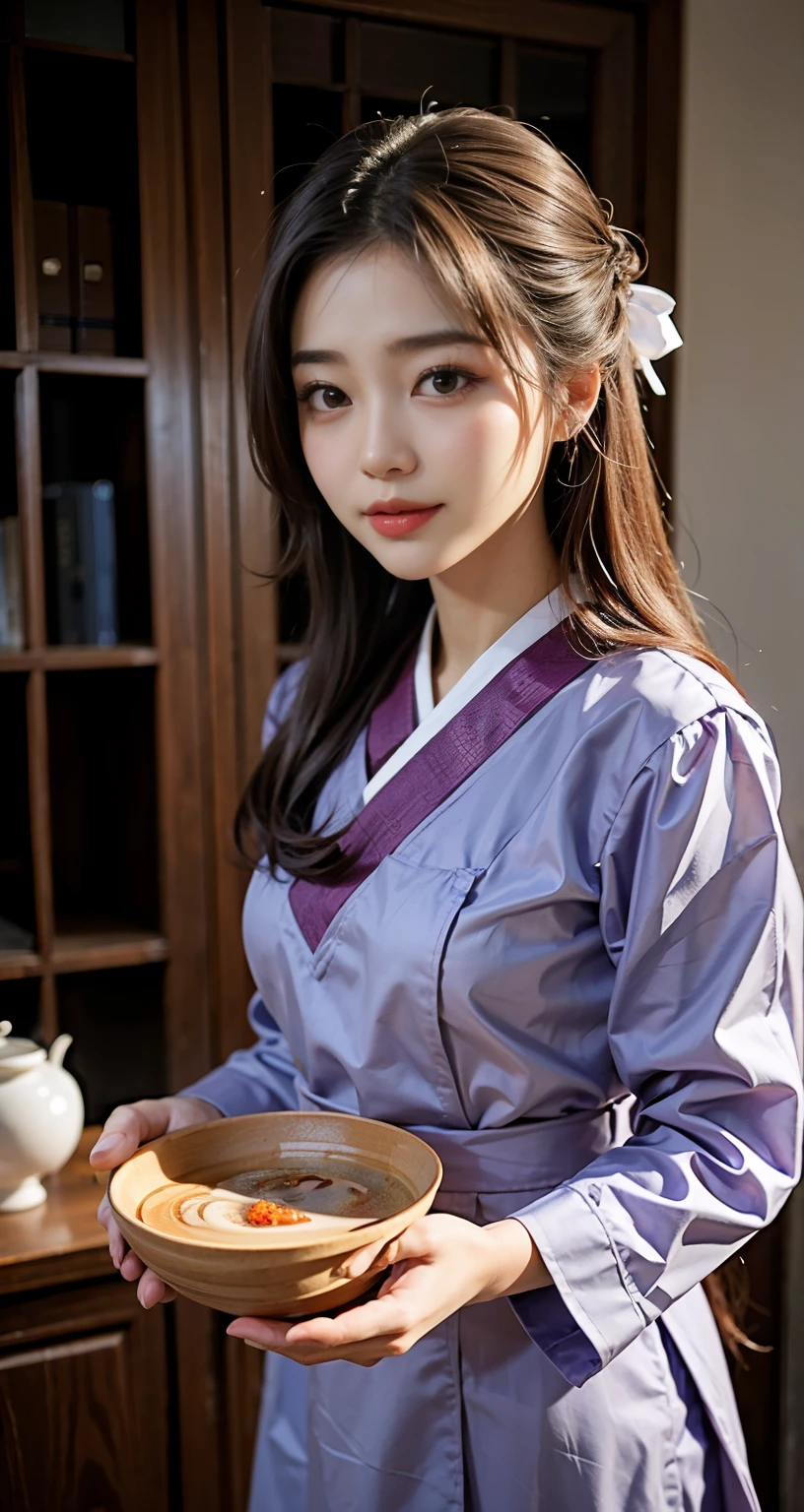 araffe woman in a purple dress holding a bowl of red mutton troutters soup, sakimichan, beautiful young korean woman, hanbok apron, pokimane, tzuyu from twice, profile pic, beautiful south korean woman, korean girl, gorgeous young korean woman, asian girl with long hair, ulzzang, jaeyeon nam, looking front, smiling, long hair