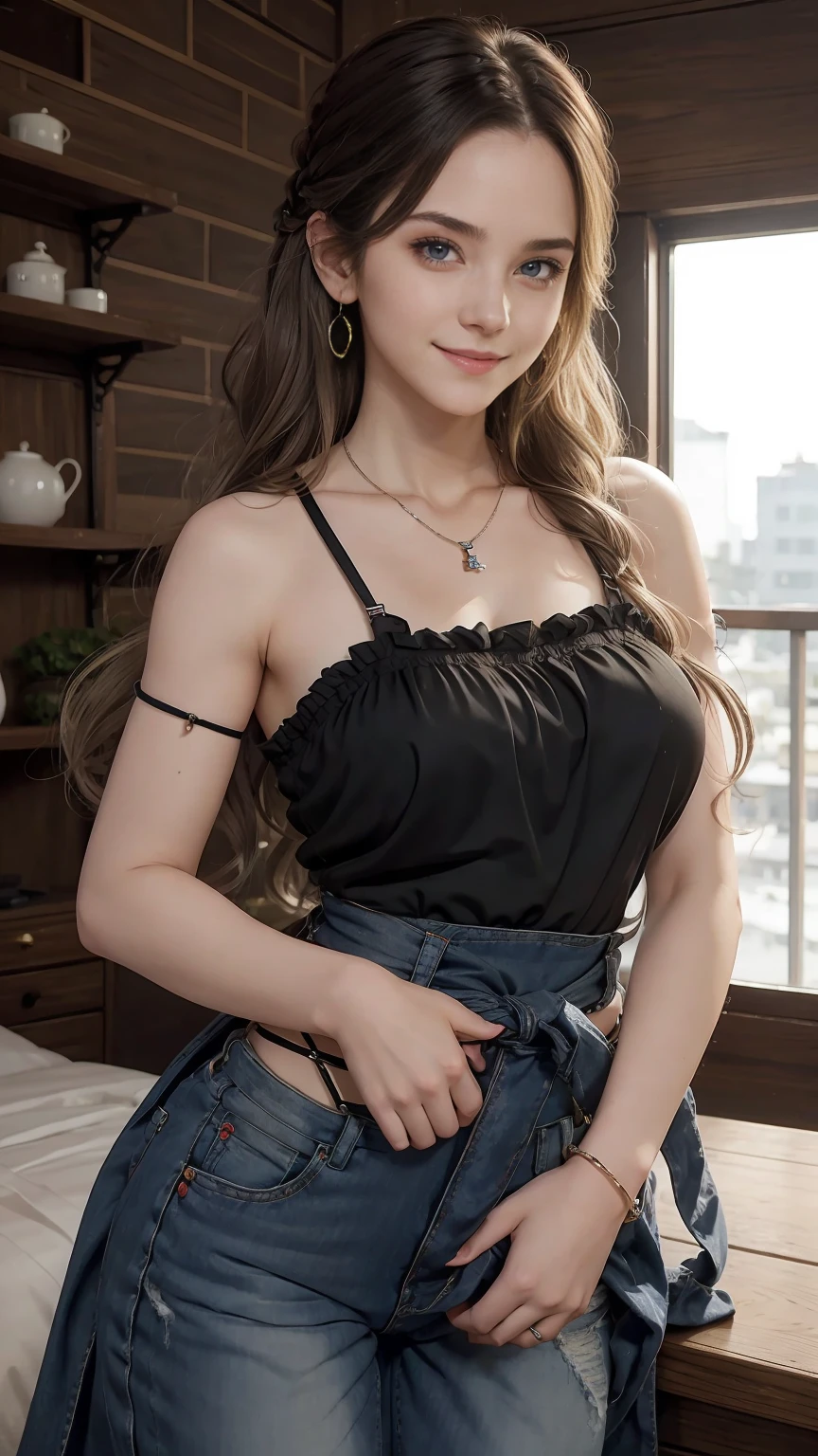 22 year old white female、Hair color is brunette、blue eyes、long hair、The ends of the hair are wavy、setting hair、accessories on wrist、wearing a necklace、has earrings、skin is smooth、wearing suspenders、Slender but muscular body、smile、She is wearing a sleeveless black ruffled off-shoulder top.、wearing skinny jeans、shooting in the studio、smile、I'm wearing a waist pouch、hands on hips