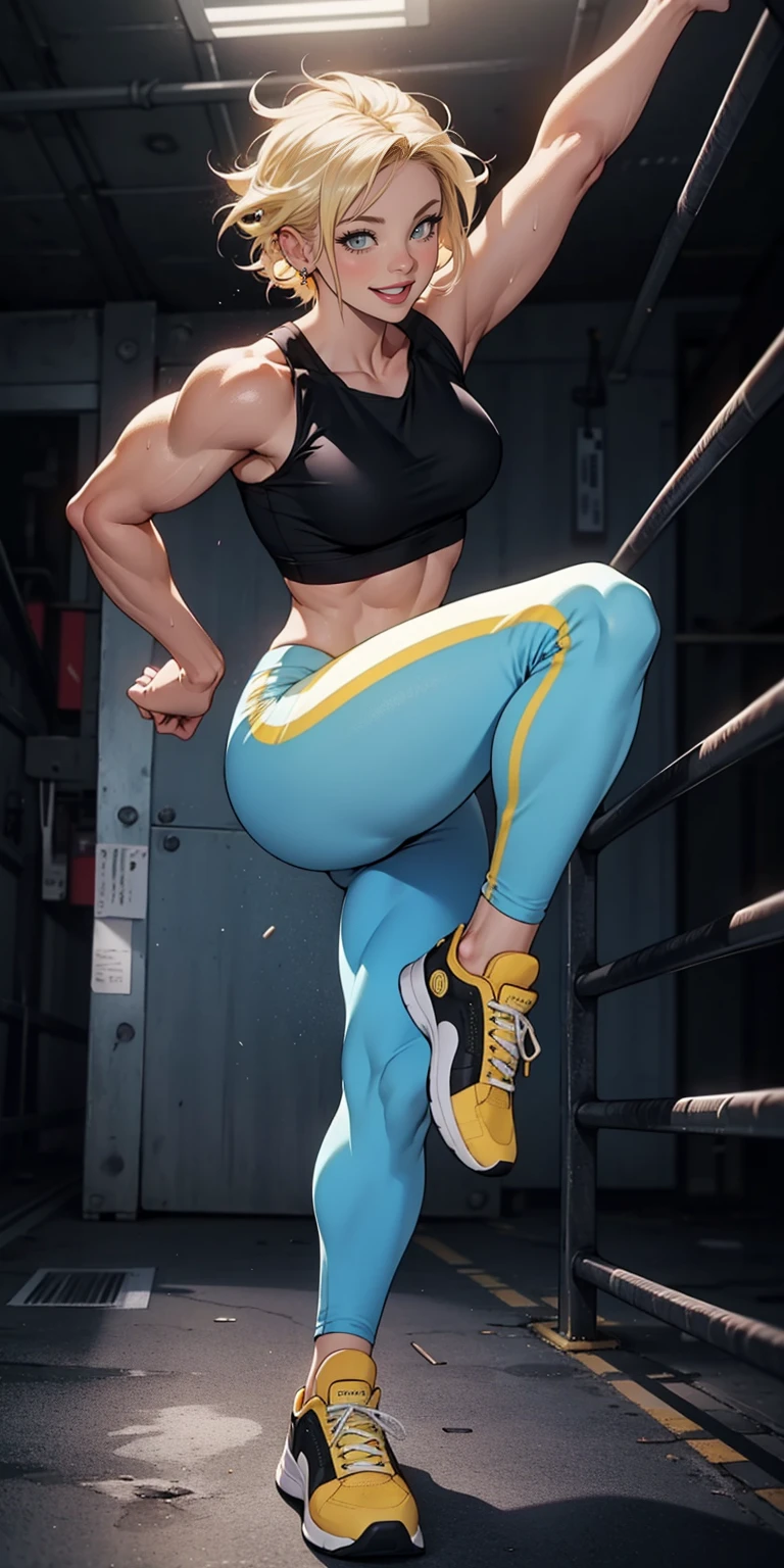 (Masterpiece), A white woman with blonde hair, short hair, messy hair (best quality), Ultra resolution, professional art, ultra detailed, perfect lighting, athletic body, strong and muscular, small perky breasts, black sweatpants, wearing a black top, black leggins, expression happy, female focus, in fighting position, blue eyes, smiles, yellow sneakers