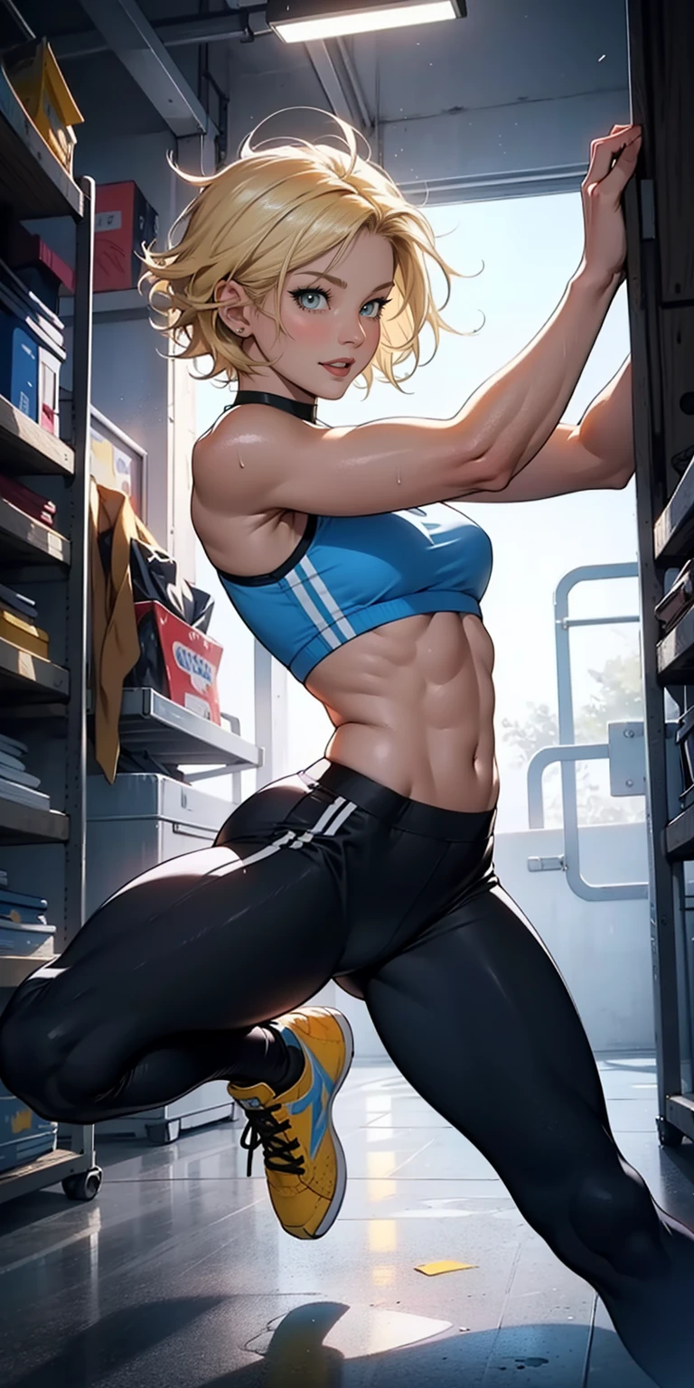 Masterpiece, 4K, sportswear, gymtastic_yoga_croptop, (multiple straps:1.125), woman wearing gymtastic_yoga_croptop,  contrast, analog style, high quality picture, photorealistic, taken by a camera with an expensive lens , woman sweating, see though clothing, fishnets,(dreamlikeart, redshift style, analog style:1.1), (copeseethemald style:0.5), (thepit bimbo, glossy), sexy, bimbo, 1girl, solo, ([Mila Jovovitch|Margot Robbie]:1.1), closeup,   looking at viewer, symmetric, centered,  shinny skin, oily skin, subsurface skin scattering, shiny skin, choker, earrings, eyelashes, eyeshadow, lips, lipstick, makeup, nose, parted lips, navel, beautiful detailed blue eyes, blonde, realistic, photo-realistic, well-lit face, glowing face,(full body picture:1.3), see-through,   [(dust particle paint explosion:1.2)::0.11], (secret:0.8),