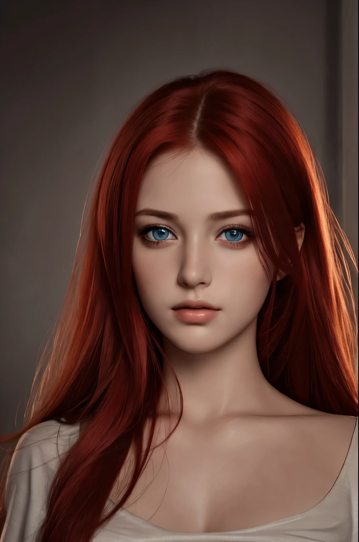 Best quality, masterpiece, ultra high res, (photorealistic:1.37), raw photo, 1girl, long hair, beautifull eyes, beautifull face, detailed eyes and face, t-shirt, dynamic lighting, in the dark, deep shadow, low key, cowboy shot, red hair