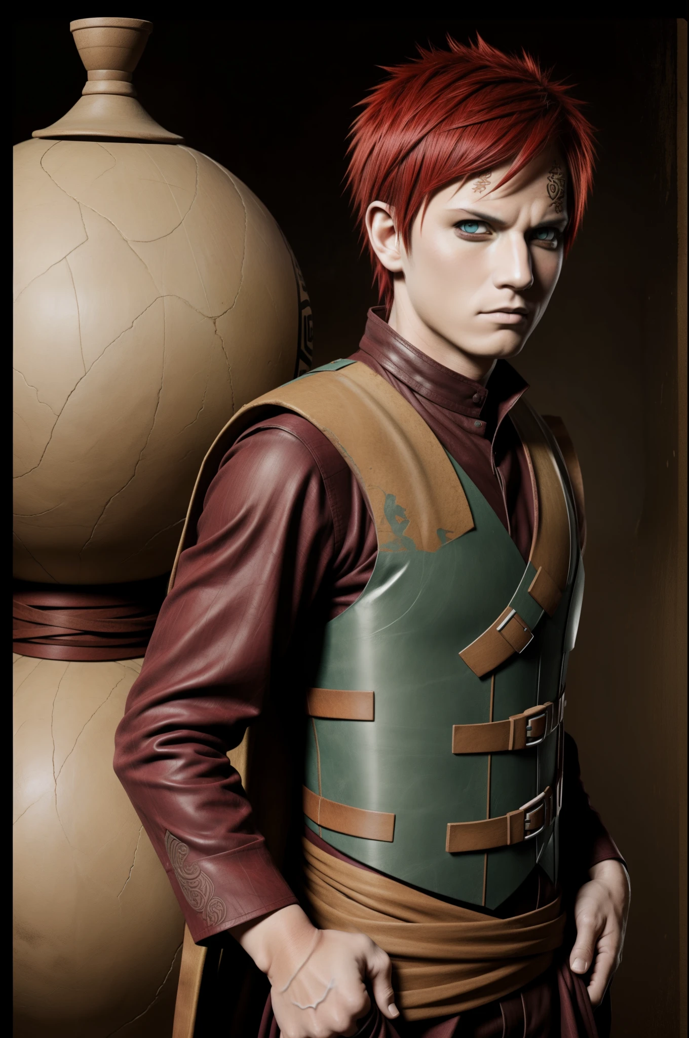 gaara, vest, face brand, fantasy, magic, ninja, parchment, gourd, anime, pop art, textured skin, super detail, high details, high quality