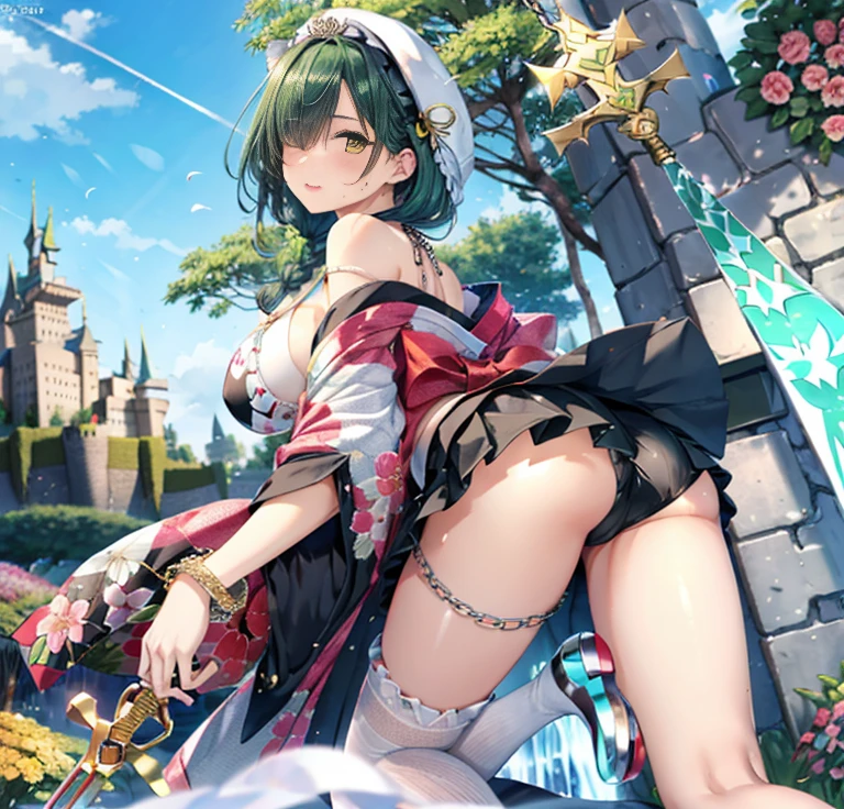 (Very good image quality), 1 girl Emerald green hair, long twin tails hair, back braid, low braid, bangs covering one eye, white veil, beret, silver tiara, yellow eyes, black blindfold, (chain) (bracelet with chain), (leg rings with chains)(chain connected to the wall), fully extended arms, fully extended legs, magical girl, off-shoulder, Kimono over bikini,pleated skirt, spreading skirt, bikini that can be worn inside, lace fabric bikini, black bikini, garter belt, Thigh-high socks, exhaustion, blushing, sweatyumekawa,yumekawaii,pastel color,(wonderland garden:1.3),rainbow waterfall,dripping ink,imagination,(Castle:1.4),