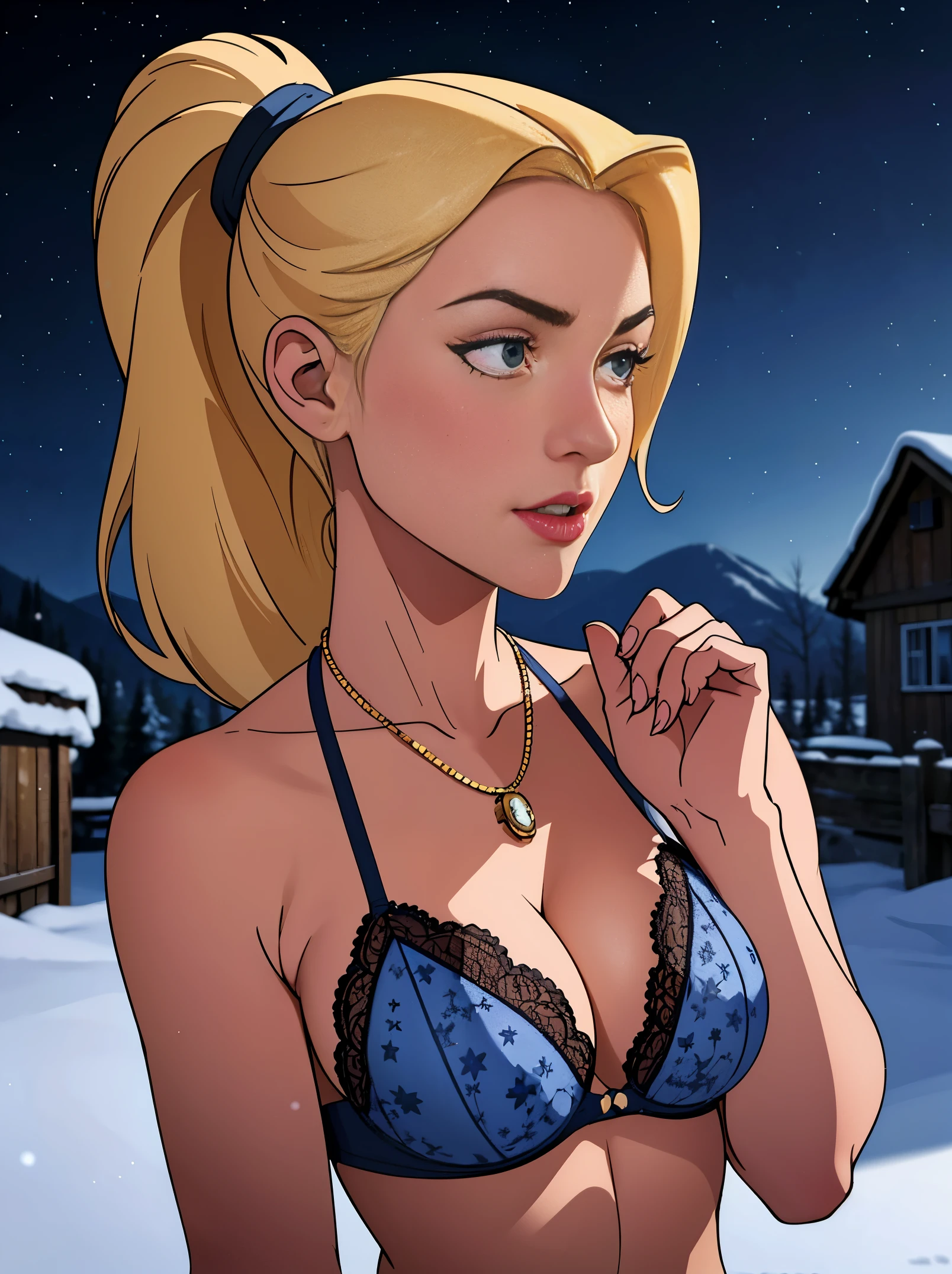 A self-portrait sketch of One ultra hot gorgeous European women, age 23, blonde hair with a ponytail wearing dheer lace lingerie, silver necklace. She’s a playmate, men magazine model.slim body.
Outside In a snowy village, winter landscape, starry night, northern lights.

Perfect anatomy, perfect hair, perfect breast, perfect body, perfect hands, perfect face, UHD, retina, masterpiece, accurate, anatomically correct, textured skin, super detail, high details, high quality, award winning, best quality, highres, 16k, 8k,.