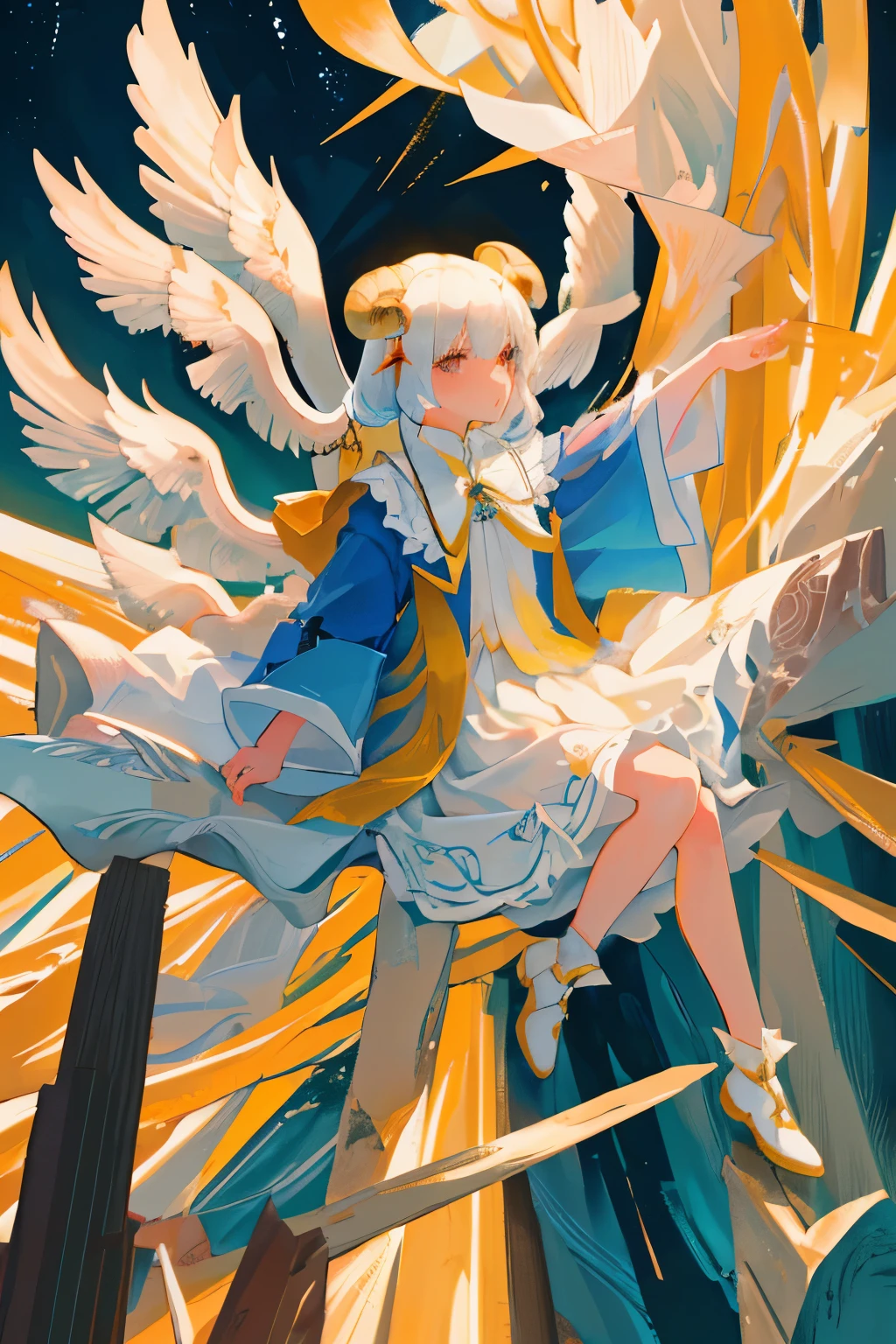 masterpiece, top-quality, (intricate detailes:1.2), (landscapes:1.3), 美丽的面容, (white theme:1.3), 1girl, priestess clothes, yellow sheep horns, demon horns, angel, many wings, ((((seraphim)))), (((((biblically accurate angel))))), three pairs of wings, white hair, mild horror, body horror, eerie lighting, sheep ears, feminine, young girl, innocent, (young girl)