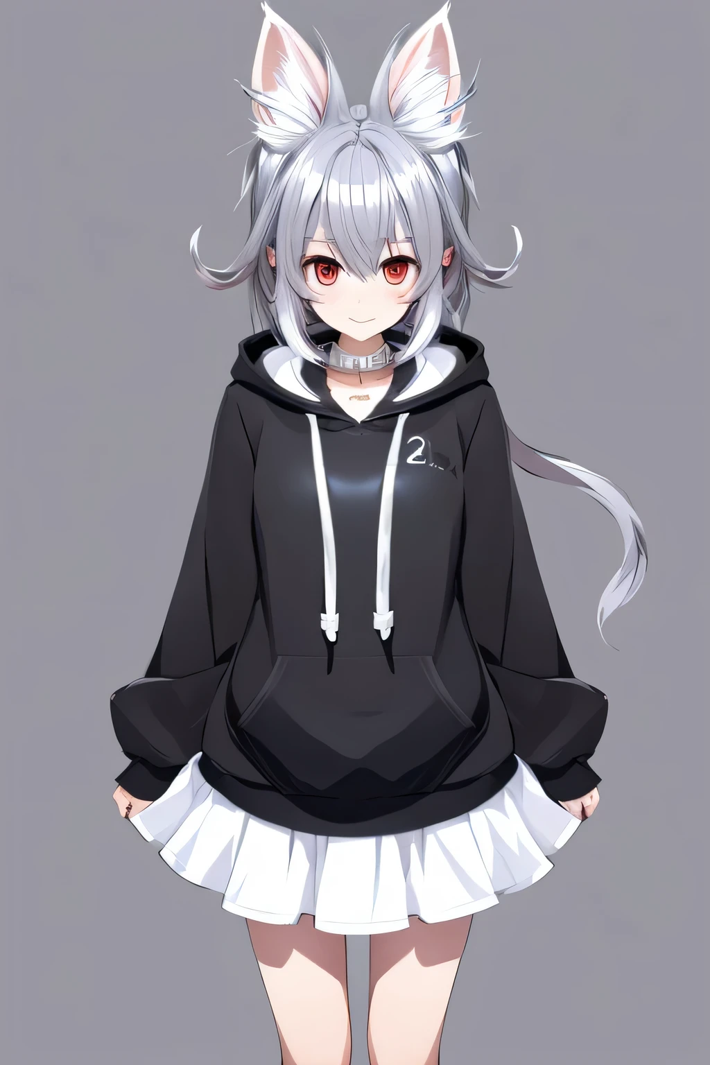 ((Live 2D)) Character design Girl with long silver hair Black eyes Whole body Standing straight Front view Looking at the viewer Detailed face Silver hair Wearing a collar Cat-like ears Curled hair Ahoge Fluffy hair Energetic Wearing a hoodie Yes