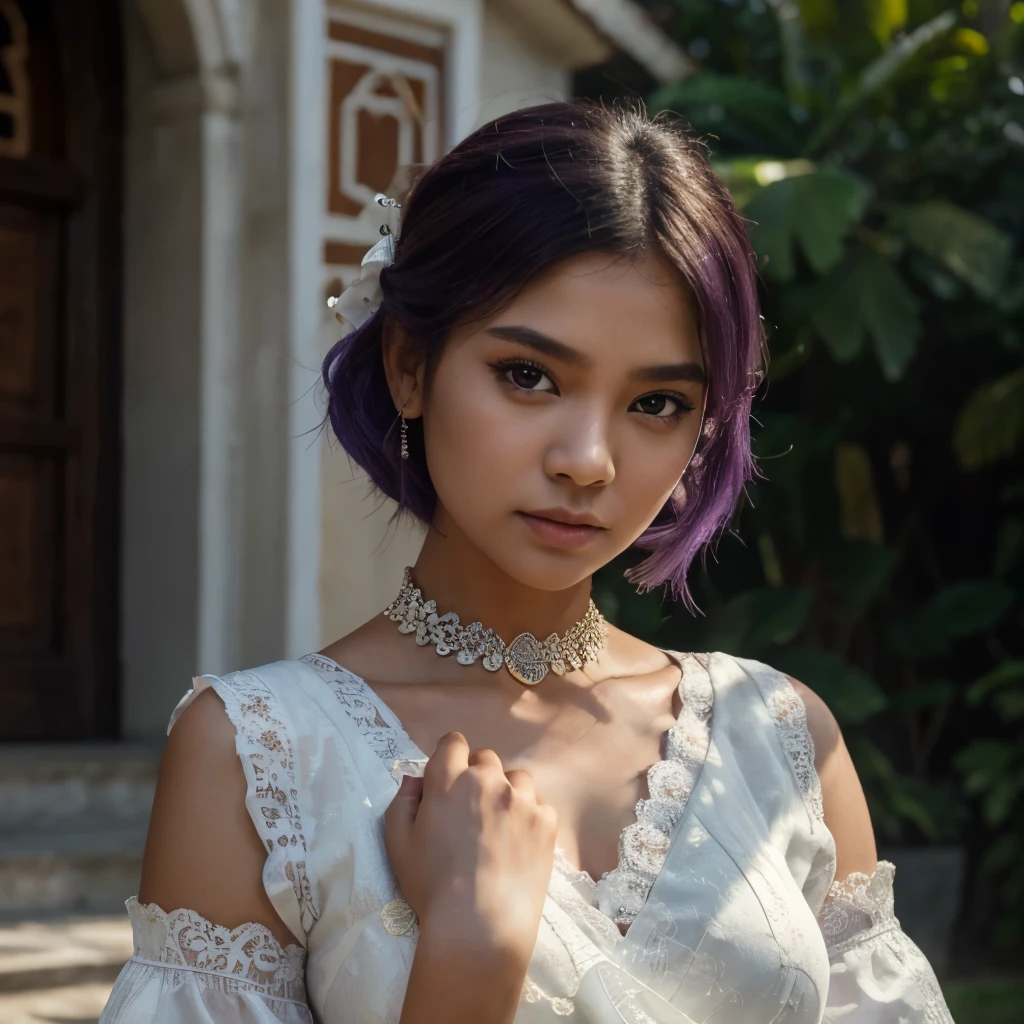best quality,masterpiece,extremely detailed,high res,4k,ultra high res,detailed shadow,ultra realistic,realistic,dramatic lighting,Maris Racal has worn Burmese Traditional Dress,solo,detailed face,realistic eyes,realistic skin,white dress,purple hair,dynamic pose, white lace dress