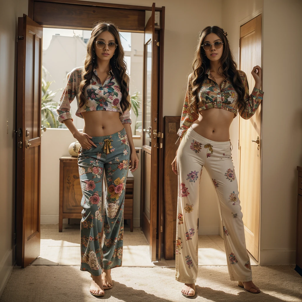 wide-shot, action, Epic Composition, high resolution realistic photo of one young woman (Solo) (hippies style, long bell bottom pants, floral shirt), long and curly hair, wear sun glasses, wear headband, standing near door, 4k hd, fidelity. full body shot. gibson guitar by side,