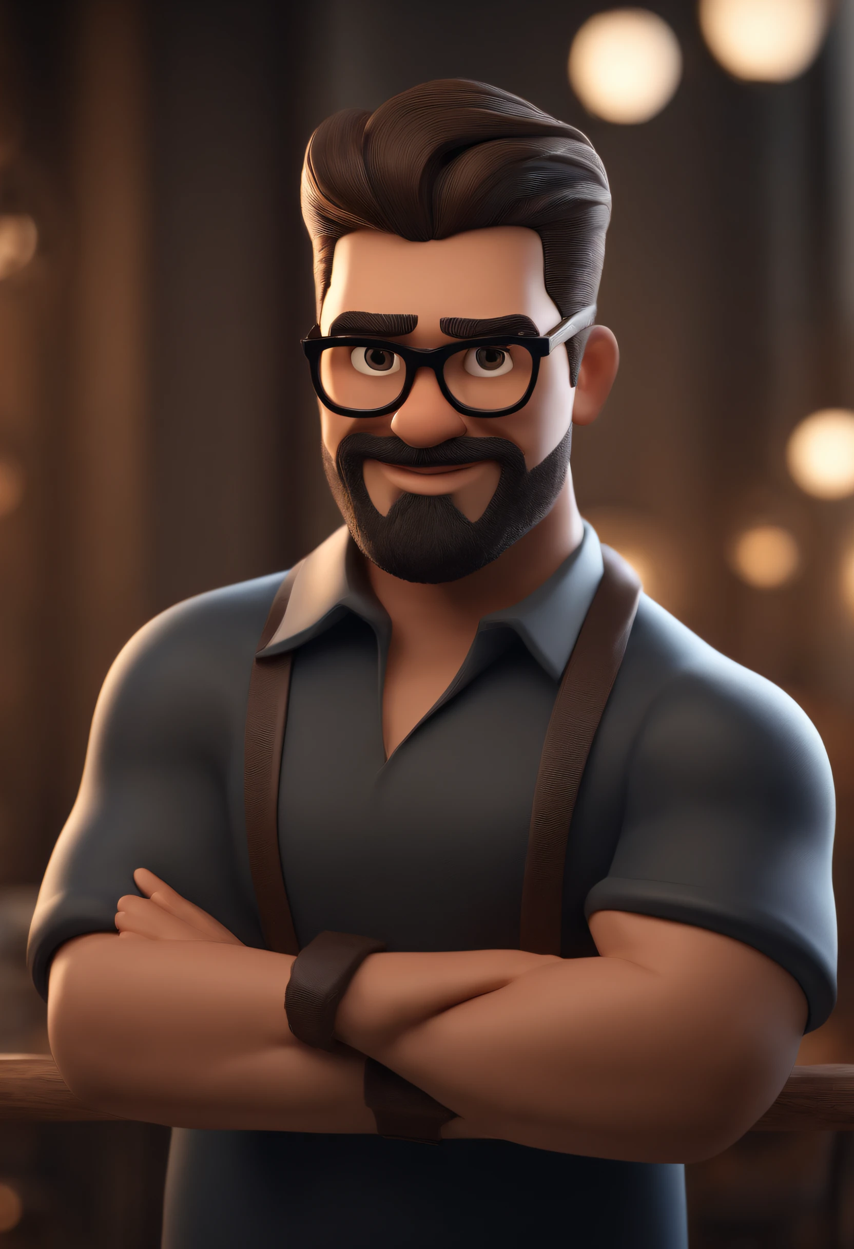 Cartoon character of a man with black glasses and a black polo shirt, cabelo liso, With beard and old school tattoo on his arm, animation character, Caractere estilizado, animation style rendering, 3D estilizado, Arnold Maya render, 3 d render stylized, toon render keyshot, Personagem 3D, Personagem 3D, 3d rendering stylized, 3 d character render, personagem de desenho animado, Personagem de close up, Pose de personagem, (Estilo Pixar) (master part:1.2) (Bokeh) (best quality) (pele detalhada) (textura detalhada) (8k) (argila) (Cinematic lighting) (foco nítido