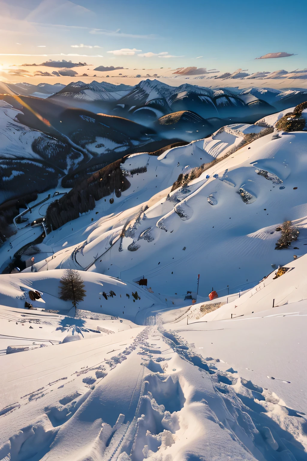 pistes de ski, vue du haut d'une montagne, vue en hauteur, vue magnifique sur les montagnes, Coucher de soleil sur la montagne, coucher de soleil vu de haut, vue de haut, snowy mountain, belle neige, montagne