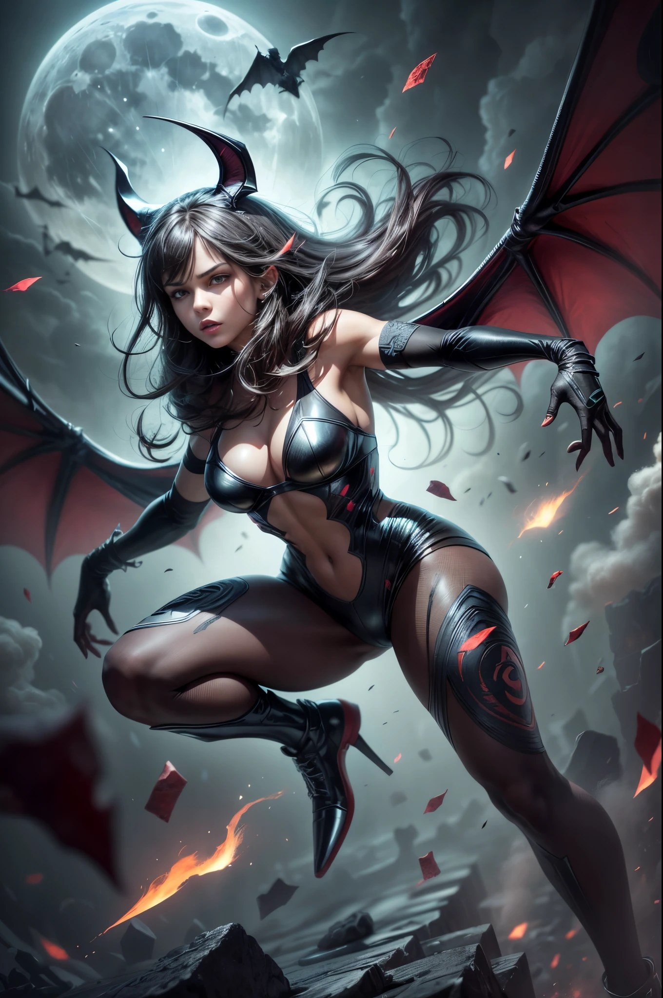 (best quality,4k,8k,highres,masterpiece:1.2),ultra-detailed,(realistic,photorealistic,photo-realistic:1.37), (girl like a bat out of hell), full body, dynamic pose, intense expression, flowing hair, athletic physique, dark clothes, dramatic lighting, high contrast, powerful dynamic lines, vibrant colors, fierce eyes, sharp fangs, ethereal atmosphere, intense energy, flying objects, shattered debris, swirling smoke, epic background, moonlit night, mysterious shadows