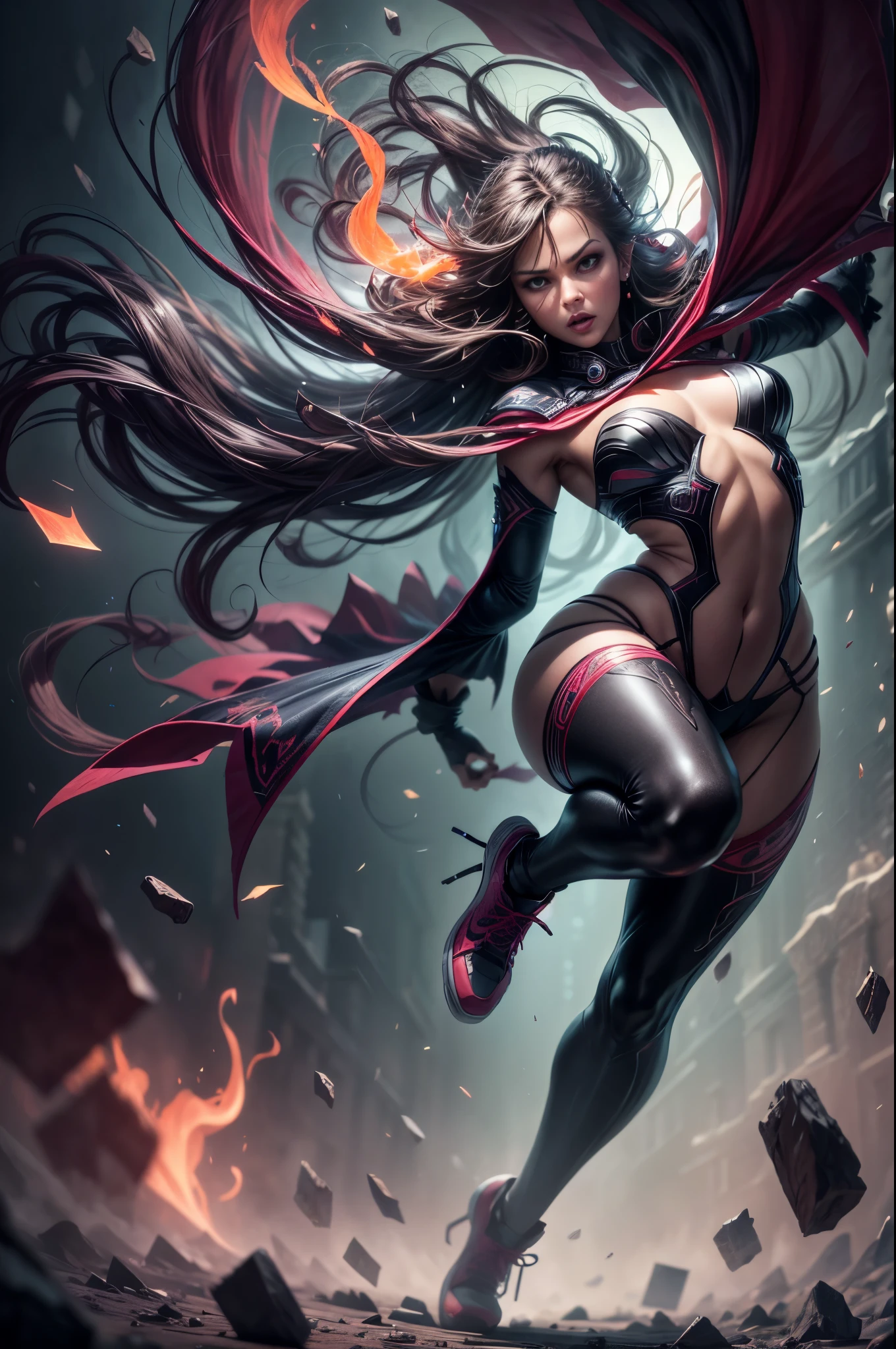 (best quality,4k,8k,highres,masterpiece:1.2),ultra-detailed,(realistic,photorealistic,photo-realistic:1.37), (girl like a bat out of hell), full body, dynamic pose, intense expression, flowing hair, athletic physique, dark clothes, dramatic lighting, high contrast, powerful dynamic lines, vibrant colors, fierce eyes, sharp fangs, ethereal atmosphere, intense energy, flying objects, shattered debris, swirling smoke, epic background, moonlit night, mysterious shadows