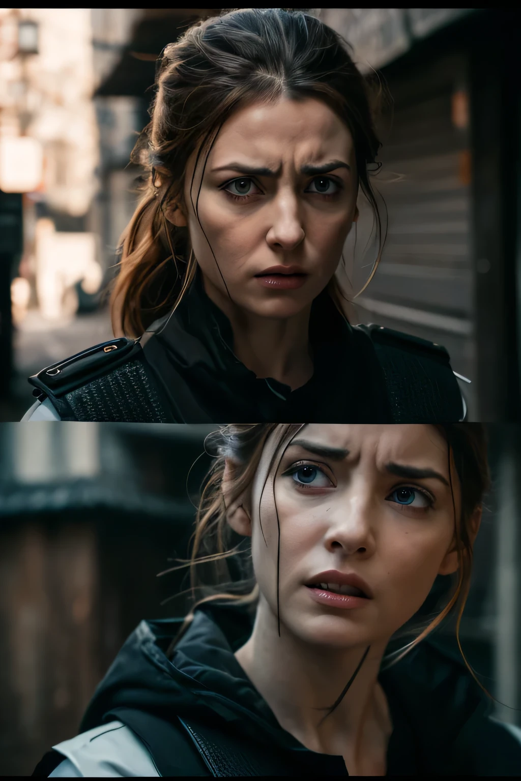 (High resolution,realistic:1.37),beautiful and fine eyes,beautiful detailed lips,highly detailed eyes and face,long eyelashes,highest quality,4K,8K,extreme details,Professional,super detailed,Ultra-fine painting,Physically based rendering,Bright colors,sharp focus,Bokeh,bright lighting,full body wide shot,police officer,Caught,cornered,intimidate a criminal,look of fear,helpless,forced resistance,threatening atmosphere,Dirty alleys,dangerous situation,antagonism,pleading,despair,fear in the eyes,scary situation,unfair treatment,abuse of authority,hidden violence,Emotional distress,night view,It's not fair,inferior position,Fallen,was locked up,Hostility,Chaotic,attacked from all directions,overwhelmed,suffering,Empathy for the character,sorrow,anger,courage,courage,resist,Strength in adversity,shadow and contrast,An inspiring story,emotional impact,gritty,born,bornきbornきとした質感,cinematic quality,Professionalットツイスト,unpredictable results,Serious consequences,Climactic moment,Deep emotions,unpleasant feeling of tension.