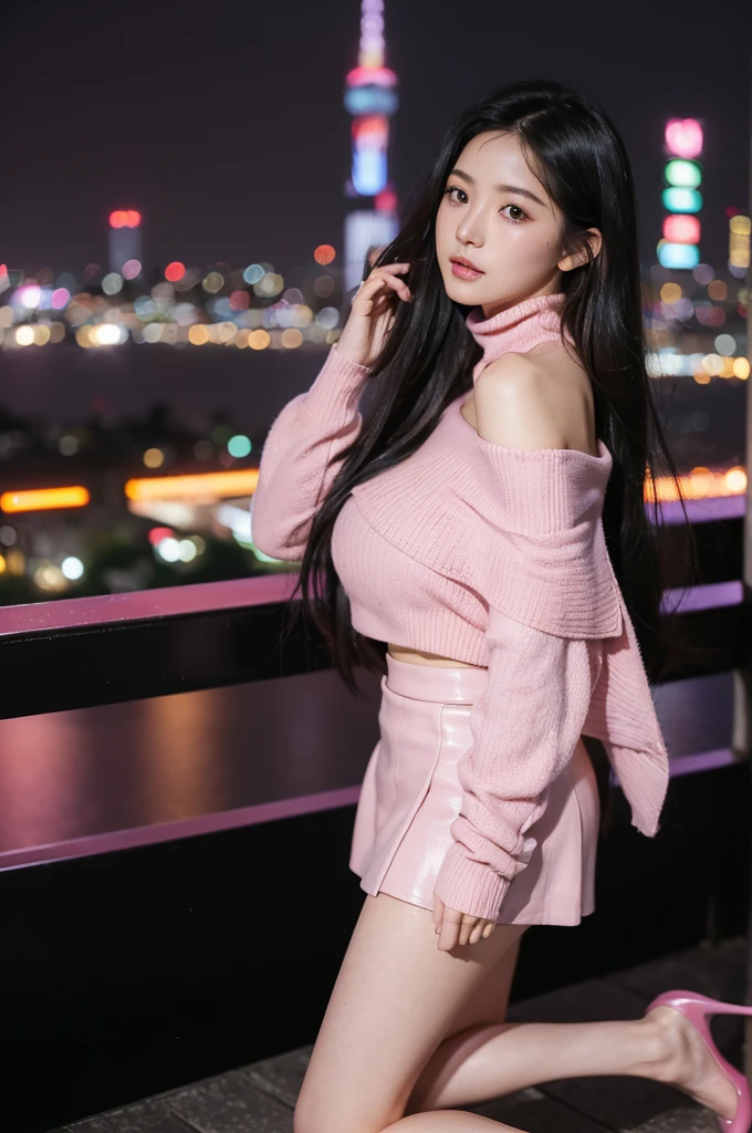 ((highest quality)), ((masterpiece)), (be familiar with), perfect face、(((long hair))))、((((black hair))))、highest quality、8K、HDR、High resolution、background blur、photograph、(RAWphotograph:1.2)、(realism:1.2)、(intricate details:1.2)、1 girl、solo、japanese girl、beautiful girl、((((medium breasts)))、Perfect for your skin、long eyes、detailed pupil、slim body、(pink high neck knit、pink leather skirt、pink high heels、off shoulder)、Tokyo cityscape、colorful lights、((night))、hair fluttering、Translucency、Upper body、(beholder)、from the front、tight line of sight
