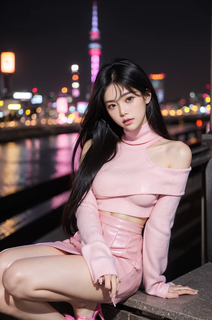 ((highest quality)), ((masterpiece)), (be familiar with), perfect face、(((long hair))))、((((black hair))))、highest quality、8K、HDR、High resolution、background blur、photograph、(RAWphotograph:1.2)、(realism:1.2)、(intricate details:1.2)、1 girl、solo、japanese girl、beautiful girl、((((medium breasts)))、Perfect for your skin、long eyes、detailed pupil、slim body、(pink high neck knit、pink leather skirt、pink high heels、off shoulder)、Tokyo cityscape、colorful lights、((night))、hair fluttering、Translucency、Upper body、(beholder)、from the front、tight line of sight