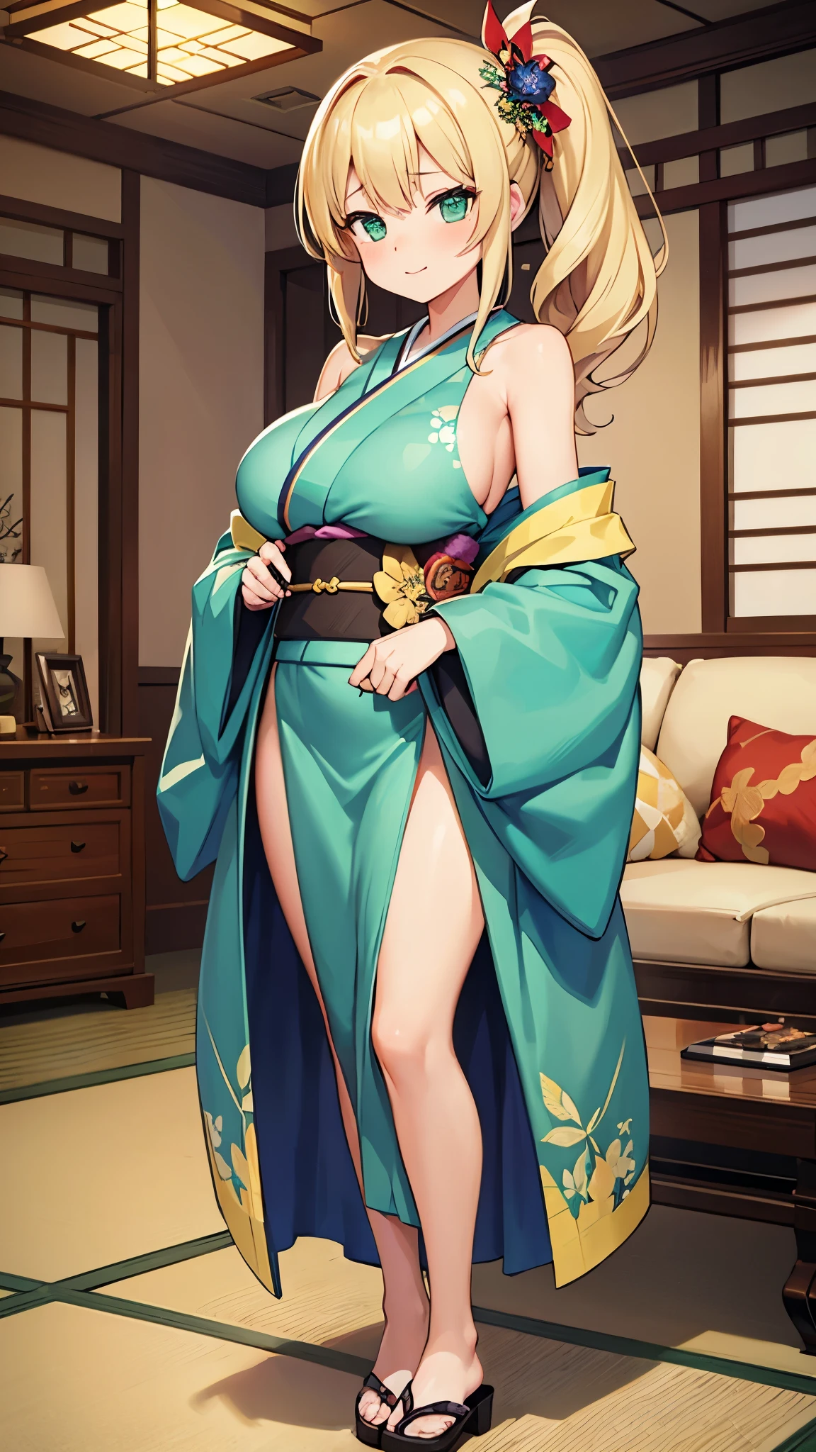 1 girl, game cg, gorgeous kimono, shoulders visible, gigantic breasts, blonde, middle hair, side ponytail, green eyes, shy, happy, living room, standing, full body,