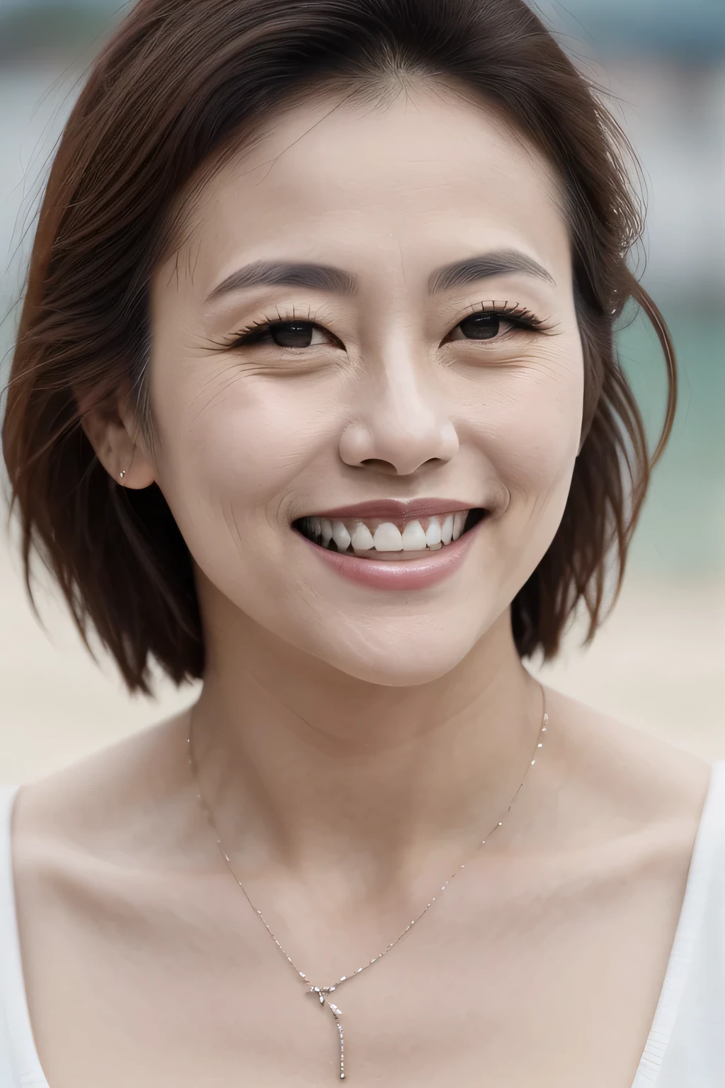 (The ultimate beautiful Japanese mature woman), highly detailed face, detailed lips, fine eyes, double eyelid, brunette updo, (grin and laugh), ((beautiful teeth)), Sunny day scenery, Athletic, curvaceous, mature figure, Red Micro Mini Bikini, pose on the beach, cowboy shot, bright sunny day, attractive face, Look at the viewer and smile, open hair flowing,erotic face, 42 I, (cinematic:1.3), intricate details, (art station:1.2)