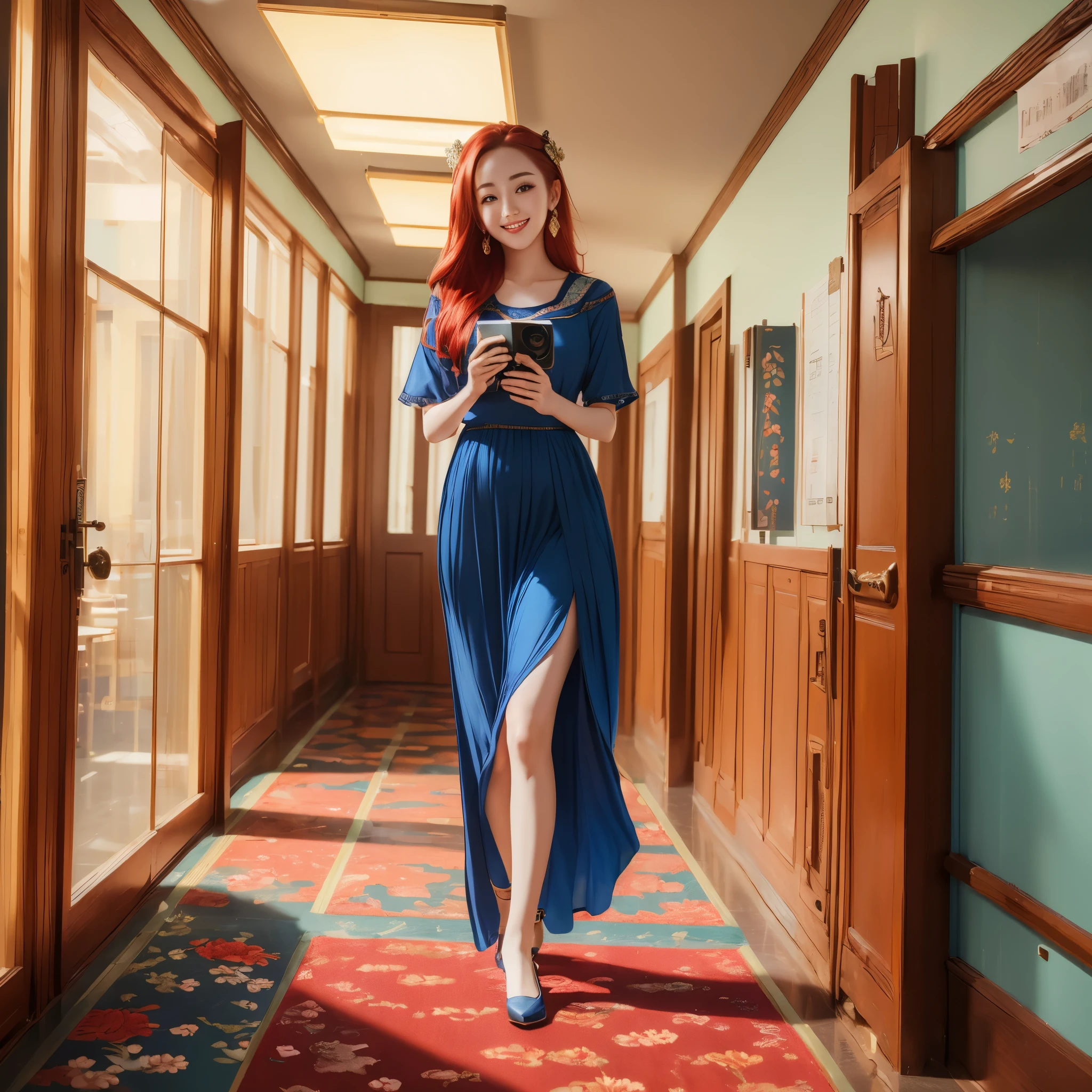 (best quality,4k,8k,highres,masterpiece:1.2),ultra-detailed, red haired Chinese college student, Dilraba Dilmurat, flowery blue sundress, smiling, school hallway, HDR, 8k, absurdres, cinestill 800, sharp focus