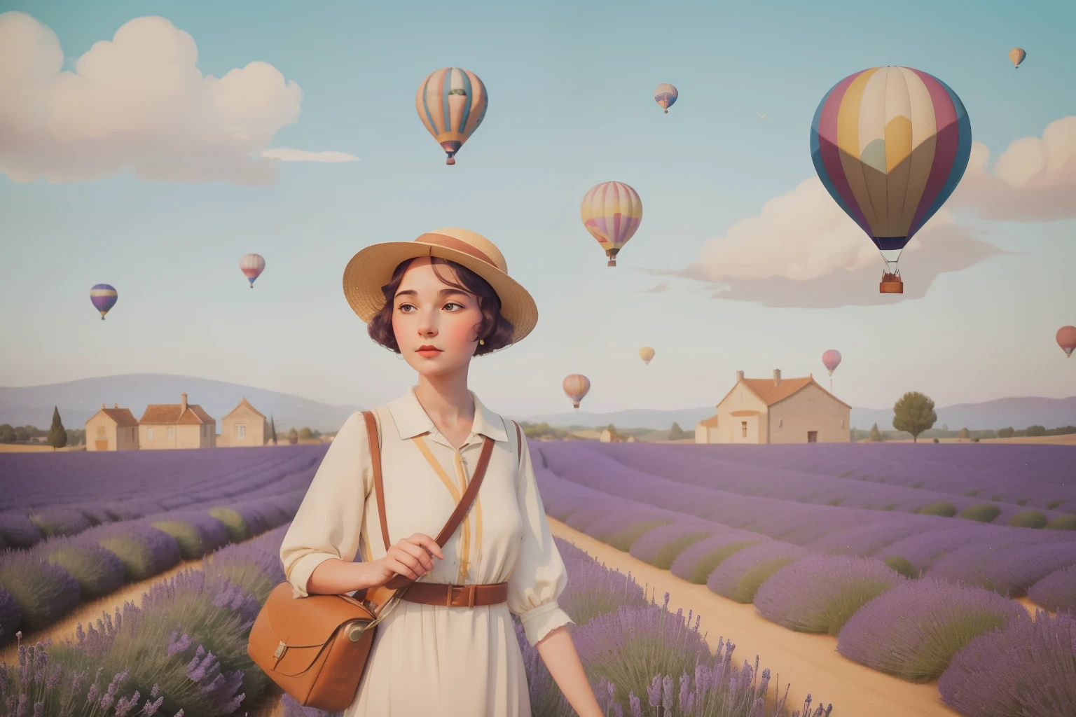 1920s French Countryside Hot Air Balloon Ride (Location: Provence):
Character: A young woman in her twenties with a cloche hat, embarking on a hot air balloon ride over the lavender fields of Provence during the Roaring Twenties. Illuminate the whimsical journey with Wes Anderson's vintage and pastel color tones.