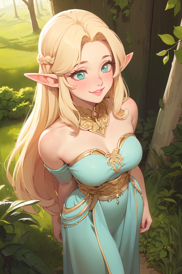 (Best quality,Unbeatable masterpiece:1.4),Ultra-detailed CG 4K,(Ultra-Detailed Clear Absurdly-Vivid Mint Big Eyes:1.2),Gorgeous Round Detailed Face(voluptuous:1.4)elf(Voluminous Long Blonde Hair: 1.4),(bangs, side locks:1.2)Seductive(Intricately beautiful dresses:1.3)(Zelda)(celestine lucullus: 1.2)(Solo:1.4)(1girll: 0.5)(facingviewer:1.2)(arms back behind:1.2)(Cowboy shot:1.2)(From above:1.1),skin indentation(Curvaceous:1.4)(Curvy:1.4)(Bimbo: 1.4)(normal waist: 1.2)(Thick lips: 1.3)small-nose(Light smile: 1.2)Rocks,Green trees, A plant,Bush, (Shy blush:1.4) Dynamic pose