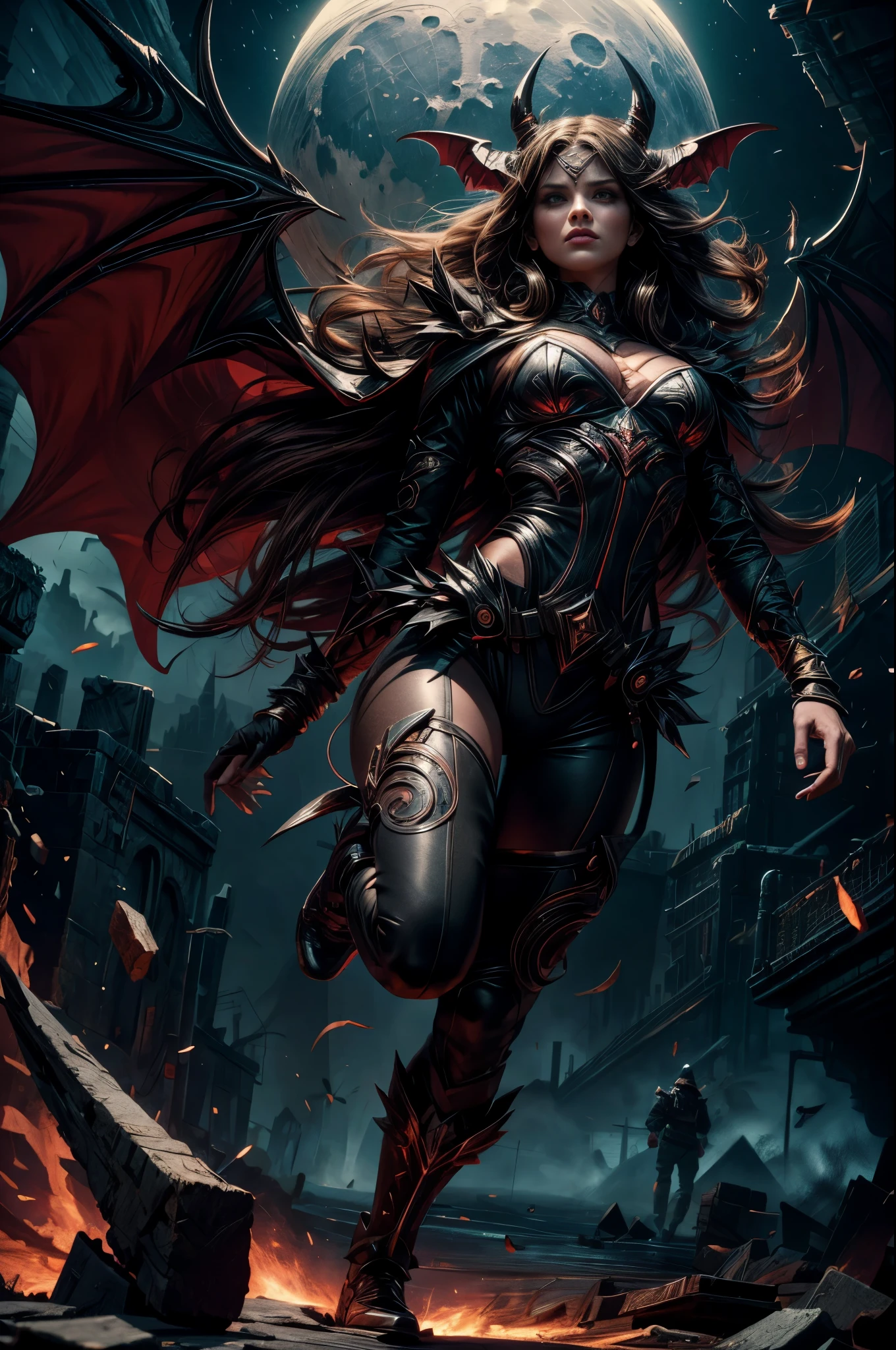 (best quality,4k,8k,highres,masterpiece:1.2),ultra-detailed,(realistic,photorealistic,photo-realistic:1.37), (girl like a bat out of hell), full body, dynamic pose, intense expression, flowing hair, athletic physique, dark clothes, dramatic lighting, high contrast, powerful dynamic lines, vibrant colors, fierce eyes, sharp fangs, ethereal atmosphere, intense energy, flying objects, shattered debris, swirling smoke, epic background, moonlit night, mysterious shadows
