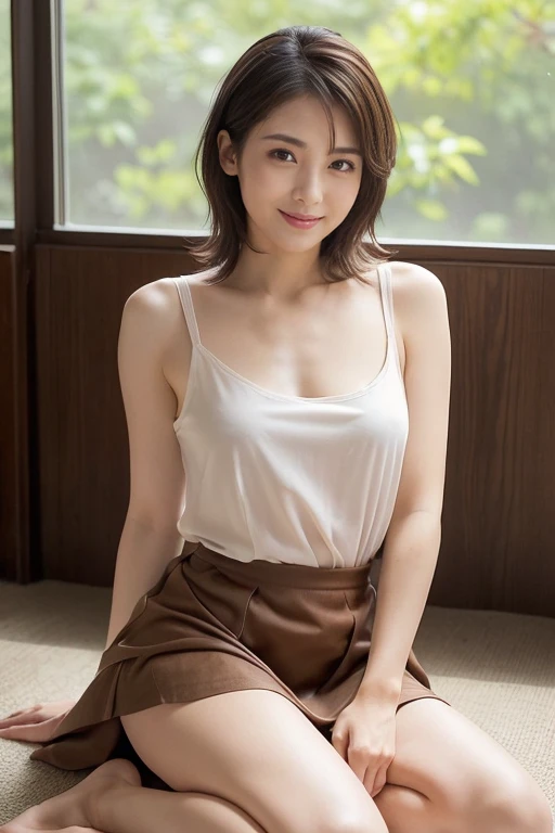 (RAW photo), (Photoreal), (masterpiece), (highest quality), High resolution, 8K, (intricate details), (light with volume), portrait, woman, 40 years old, short hair, straight hair , layered hair, brown hair, very fine eyes, Source Order, very thin eyebrows, Very fine skin, Very fine mouth, Very fine nose, cute like an idol, smile, (thick lips), (looking at the viewer), (Elegant and sheer red bean color dress),(((Please take a full body photo from head to toe))))),(((lift the skirt of a dress by yourself))), (((The skirt of the dress is completely lifted, exposing the skin of the lower half of the body.))),(woman器を見せる:1.0), (((not wearing panties at all))),pupil focus,((sit,spread your legs wide:1.5)), (((There is no seam in the center of the pants..))),(((Please take off your panties completely))),(((Please show me your genitals 1.0)))、open your eyes、look at the audience、(((smile:1.2)))、(((spread your legs wide性器を露出させて挑発する))), (((深くsit,spread your legs wide)))、((spread your legs wide))、((spread your legs wide))、((Spreading genitals with hands and showing off masturbation)).、(((kneel down))),((spread your legs and show off your genitals.)),(face of sexual pleasure:1.0),(orgasm face:1.0),(face of sexual climax:1.0),((woman器の穴から溢れ出て糸を引く大量の透明な体液:1.2)),(((woman器から流出した大量の透明な体液が座面に溜まる:1.0))),(((shoot from the feet))),(((Please take a full body photo from head to toe))),(((Never place your hands in front of your body)))