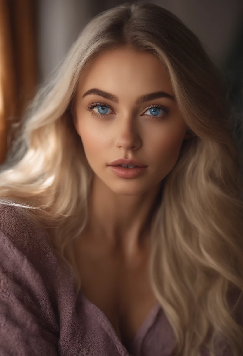 arafed woman fully , with blue eyes, ultra realistic, meticulously detailed, portrait sophie mudd, blonde hair and large eyes, selfie of a young woman, bedroom eyes, violet myers, without makeup, natural makeup, looking directly at the camera, face with artgram, subtle makeup, stunning full body shot kneeling on bed, in bedroom, medium to large size bust; ; ;naked