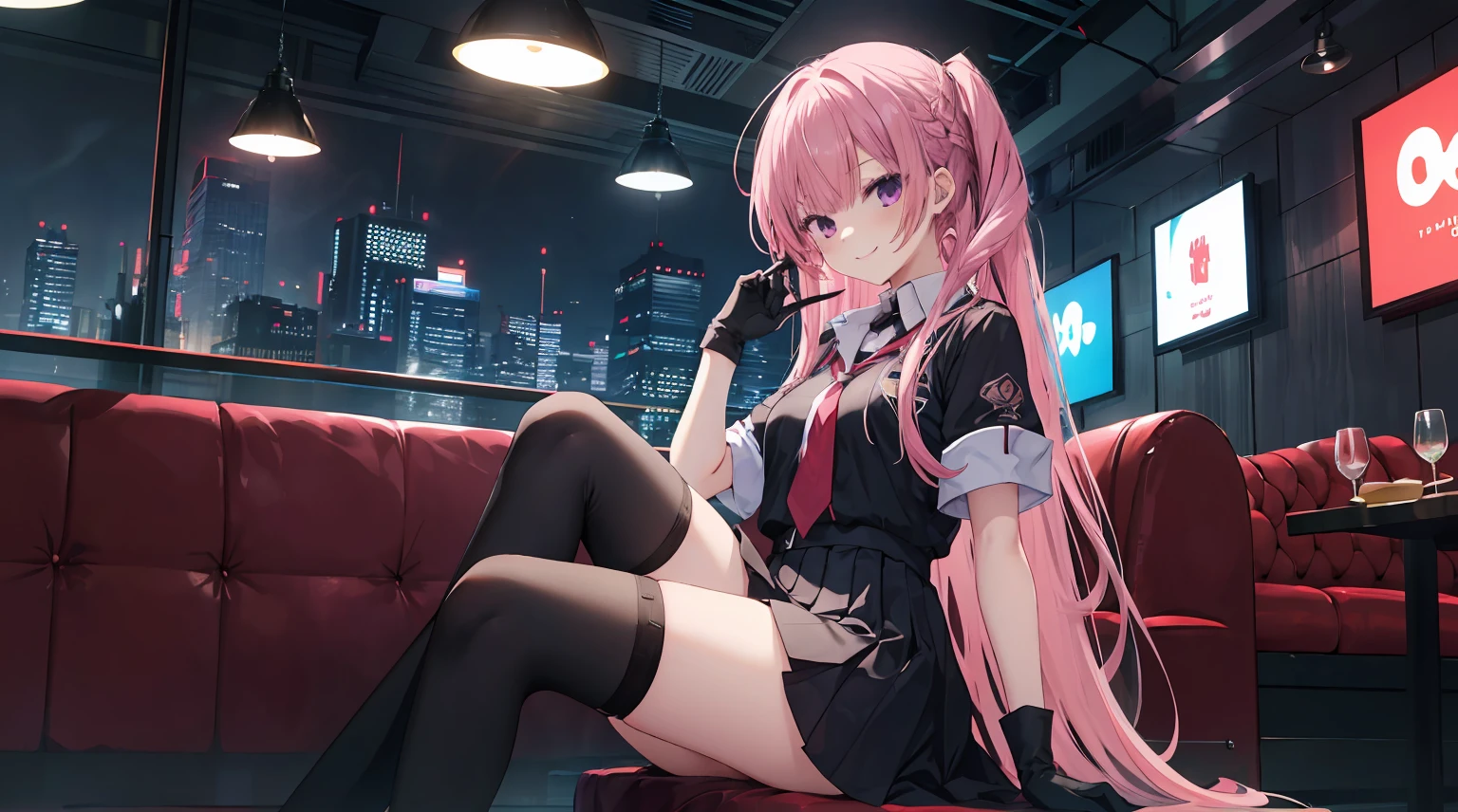 a girl,solo,Long pink hair,gentle,Smile,medium long hair,dishiveredhair,short sleeves,short sleeves游戏服,black skirt,black gloves,cyberpunk characters,night, night city background,digital punk, anime style 4k, Sitting on the sofa,indoors,In the restaurant,black stockingitsukasa ayase、character-centered