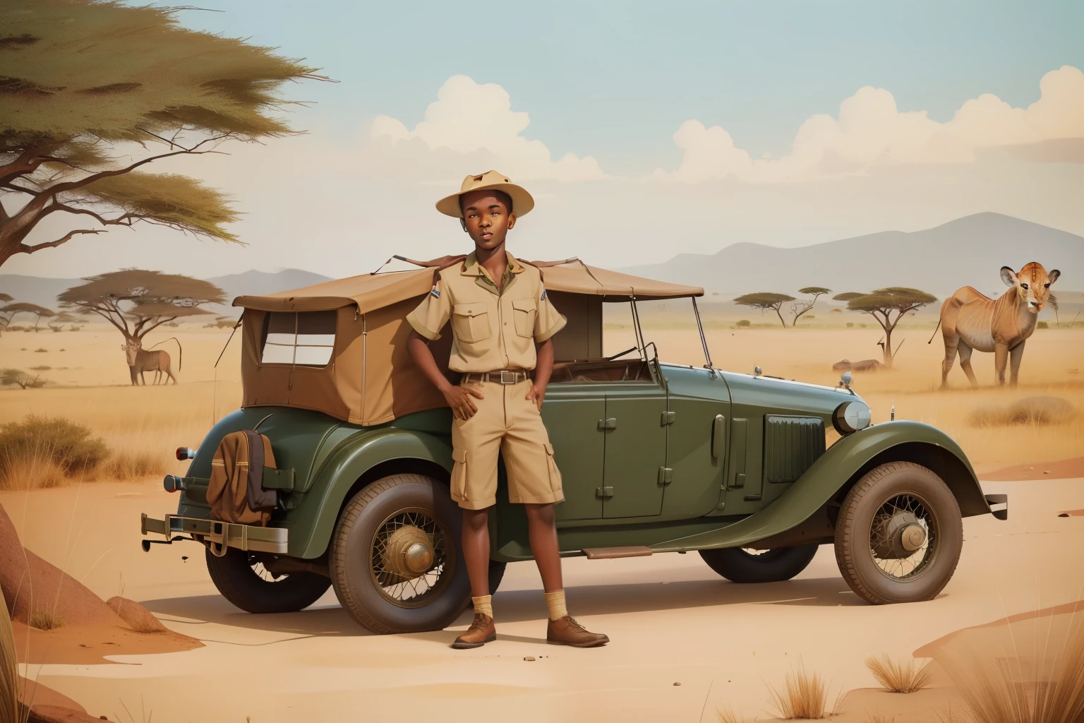 1930s African Safari Sketching Expedition (Location: Serengeti):
Character: A teenage boy with a pith helmet, sketching wildlife during an African safari in the Serengeti during the 1930s. Capture the adventurous spirit with Wes Anderson's safari-inspired and warm color tones.