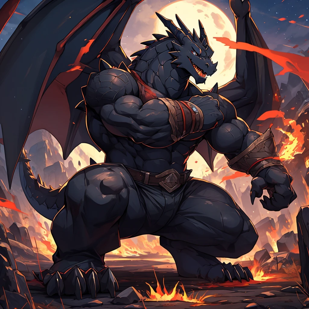 (The violent and powerful Black Dragon King,Wear a modern military uniform:100),(Broad dragon body,majestic wingspan,Sharp dragon claws,thick dragon tail,The huge black dragon king,Huge dragon clawloodthirsty beast:2),Strong build,(blue dragon flame:2),blood moon,A battlefield stained with blood,half squat,full body picture,Very detailed,4K HD