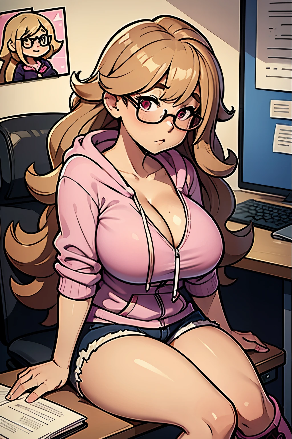 1girl, middle long hair, curly hair, swept bang, dark blonde hair, thick glasses, pink glasses, petite, {{{GIGANTIC}}} breasts, pink hoodie, hand twirling hair, cleavage, short shorts, ankle boots, sitting at desk, laptop on desk, girly bedroom