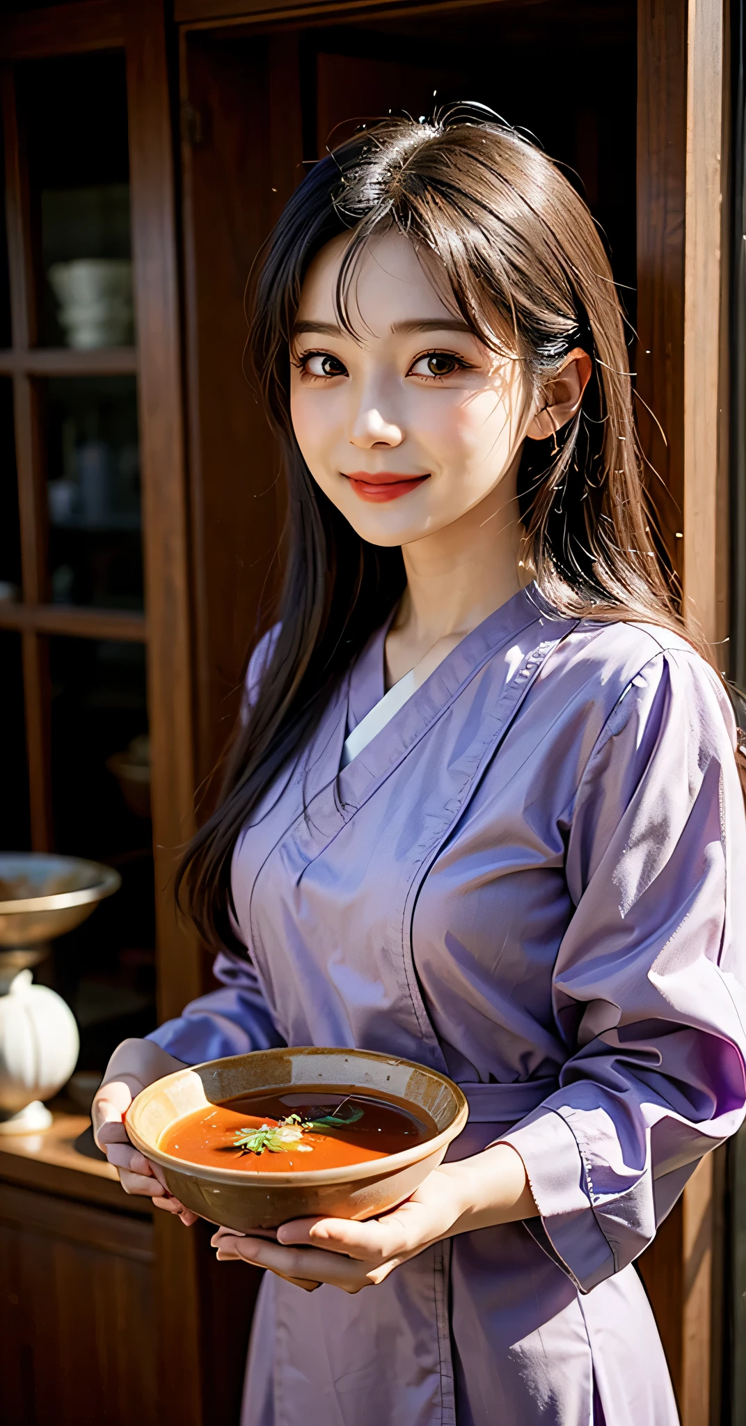 araffe woman in a purple dress holding a bowl of red mutton troutters soup, sakimichan, beautiful young korean woman, red dress, full sleeves, tzuyu from twice, profile pic, beautiful south korean woman, korean girl, gorgeous young korean woman, asian girl with long hair, ulzzang, jaeyeon nam, looking front, smiling, long hair