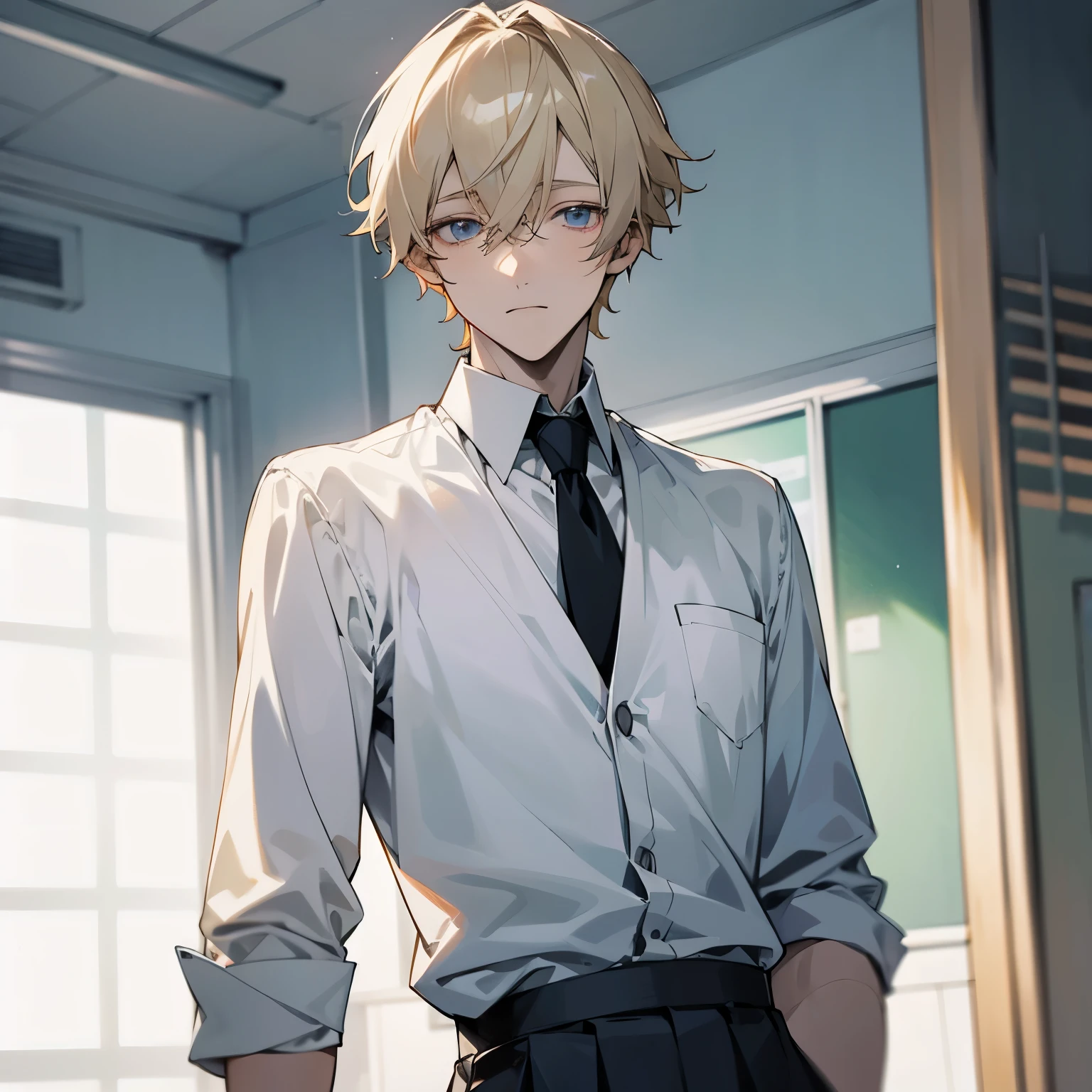 anime man, male, ashy blonde hair, pale eyes, pale skin, school uniform, classroom, aloof, handsome