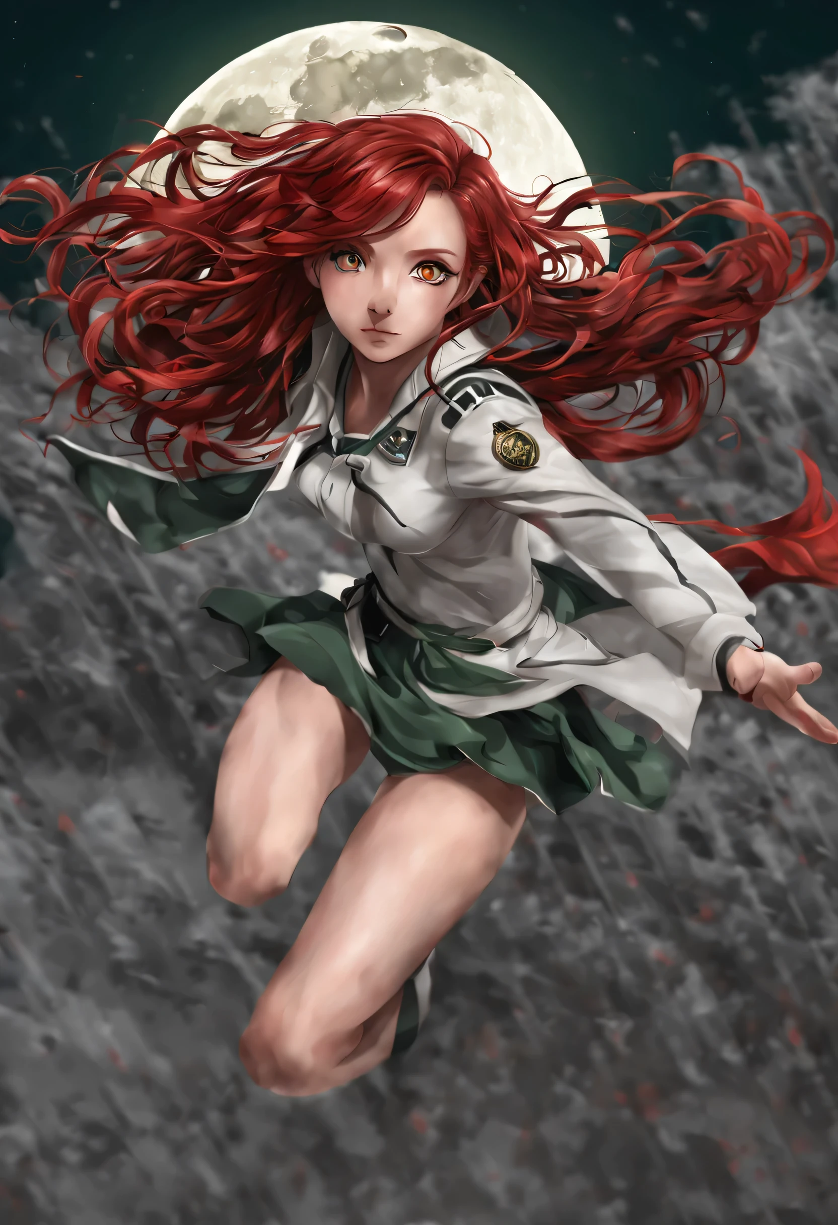 high res, masterpiece, Micchon Shikimori, red hair, solo, 1girl, outside, detailed background, ((over size full moon)) detailed eyes, ((green eyes)) color palette grey, black, red