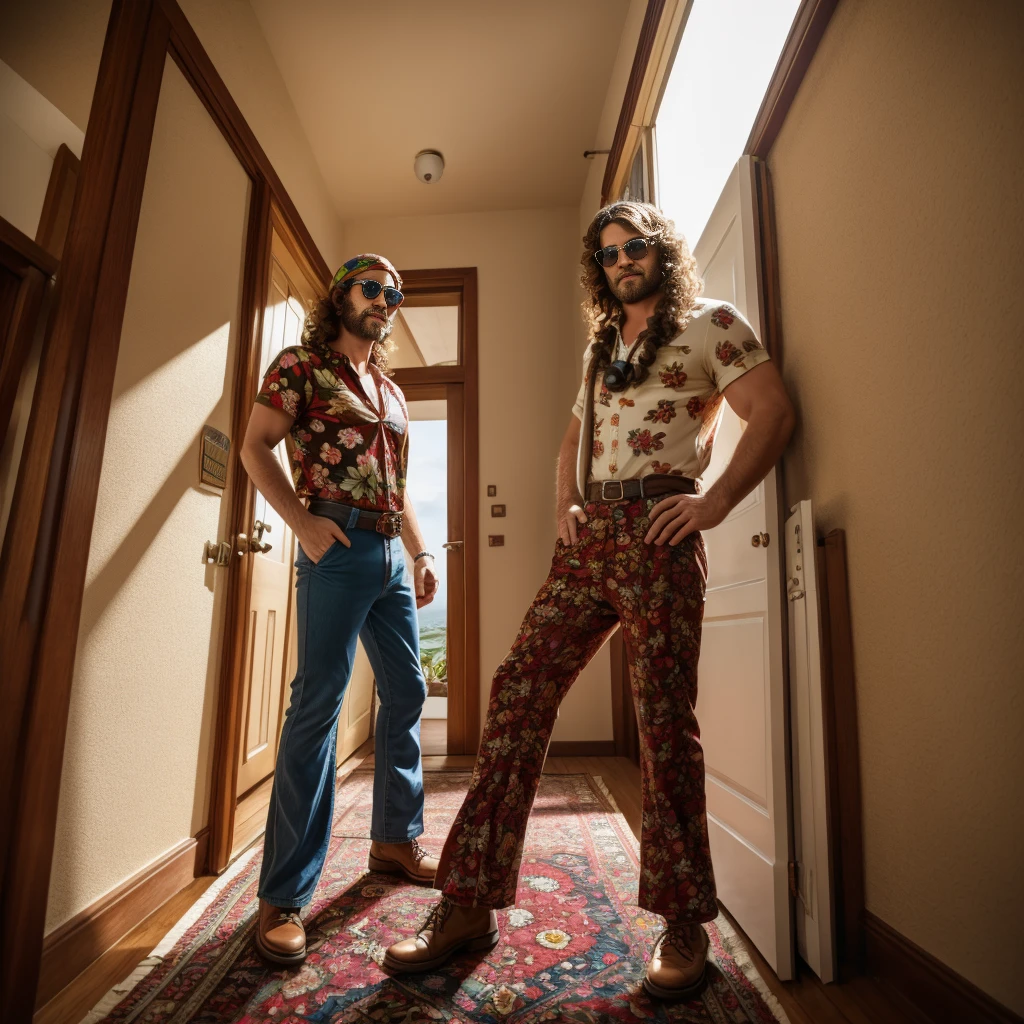 wide-shot, action, retro style, high resolution realistic photo of man (Solo) (hippies style, long bell bottom pants, floral shirt), long and curly hair, wear sun glasses, wear headband, standing near door, 4k hd, fidelity. full body shot. gibson guitar by side,