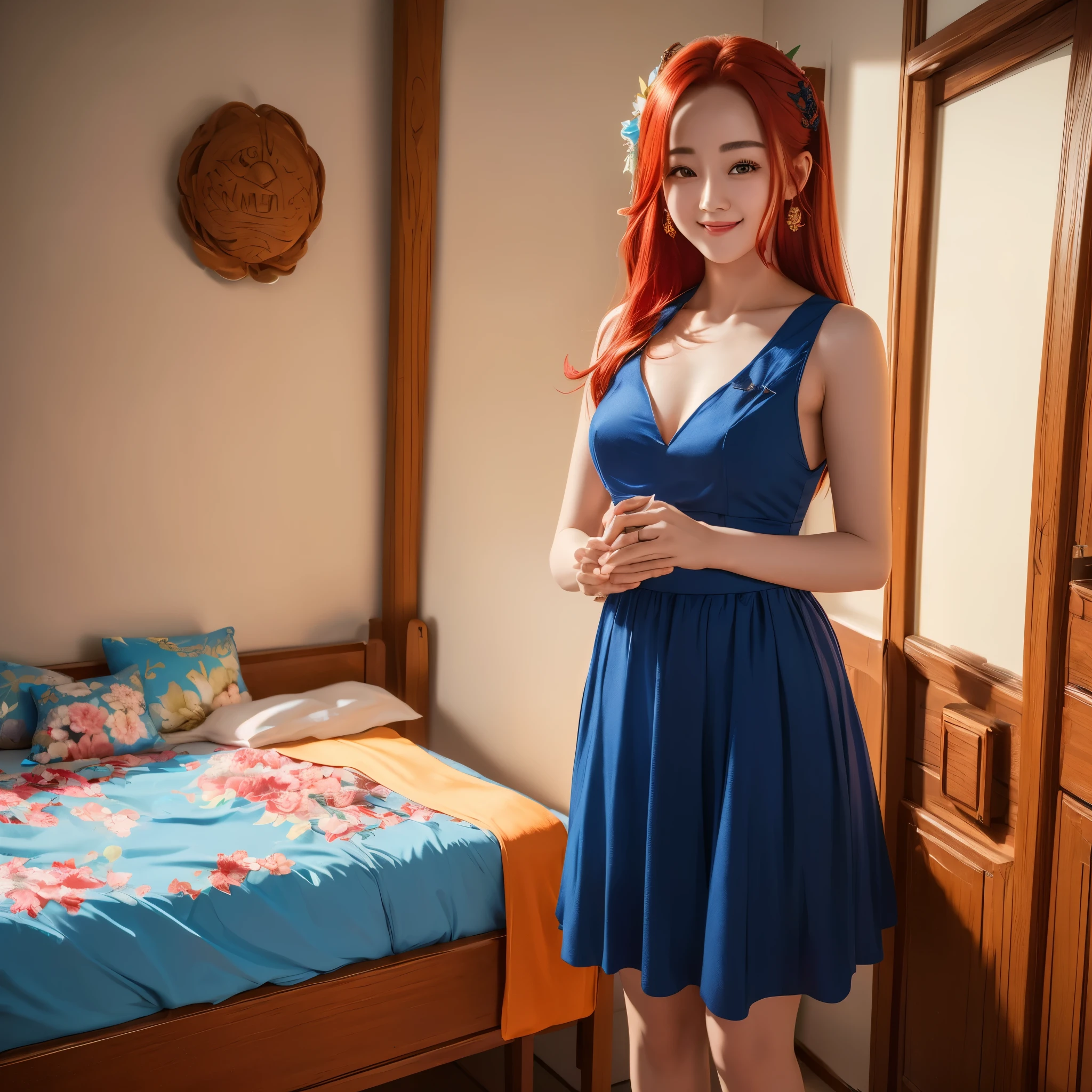 (best quality,4k,8k,highres,masterpiece:1.2),ultra-detailed, red haired Chinese college student, Dilraba Dilmurat, flowery blue sundress, smiling, college dorm room, HDR, 8k, absurdres, cinestill 800, sharp focus
